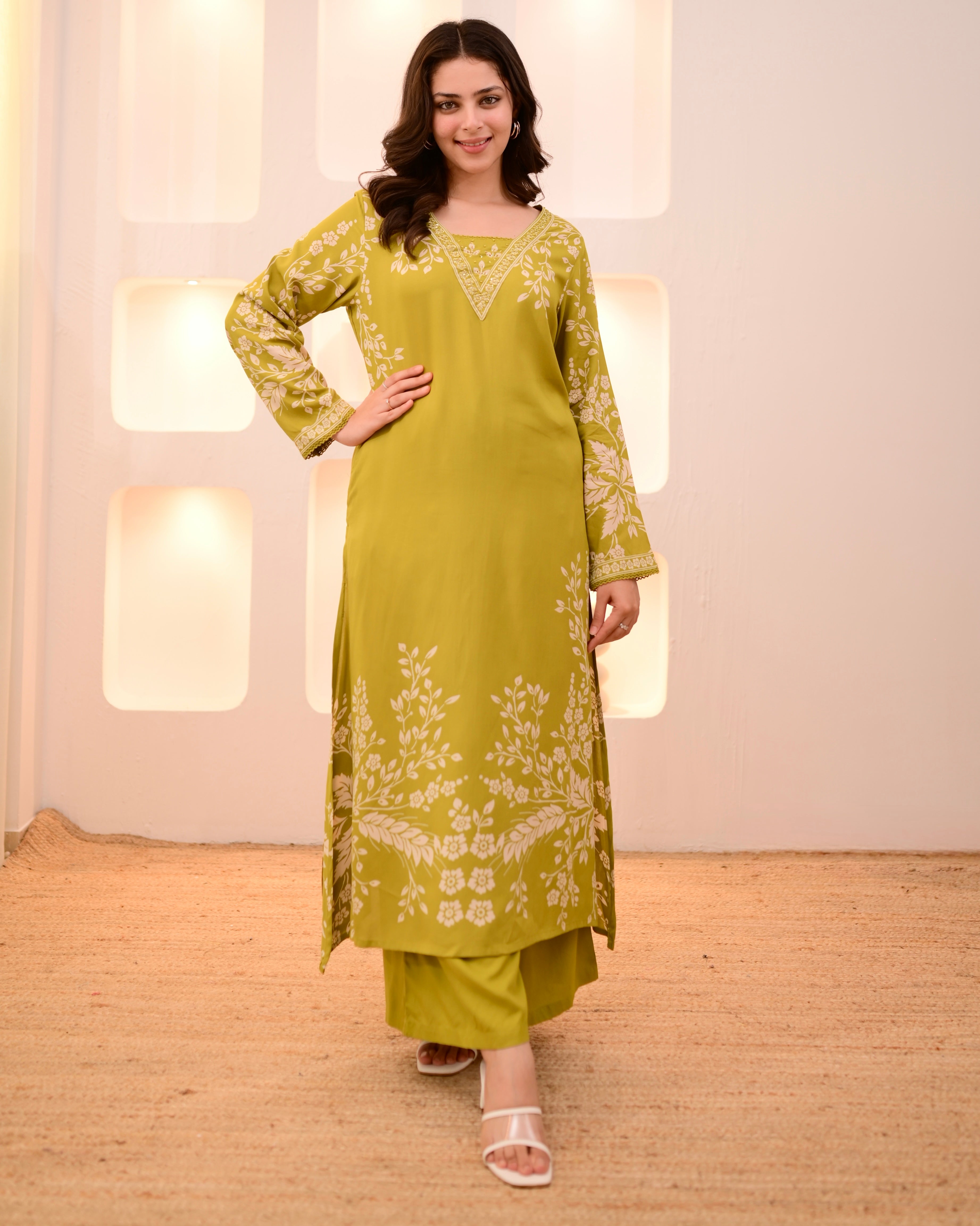 Lime Green Petals Cotton A Line Kurta Palazzo Set