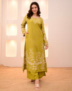Lime Green Petals Cotton A Line Kurta Palazzo Set