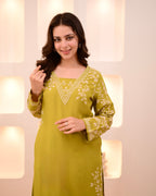 Lime Green Petals Cotton A Line Kurta Palazzo Set