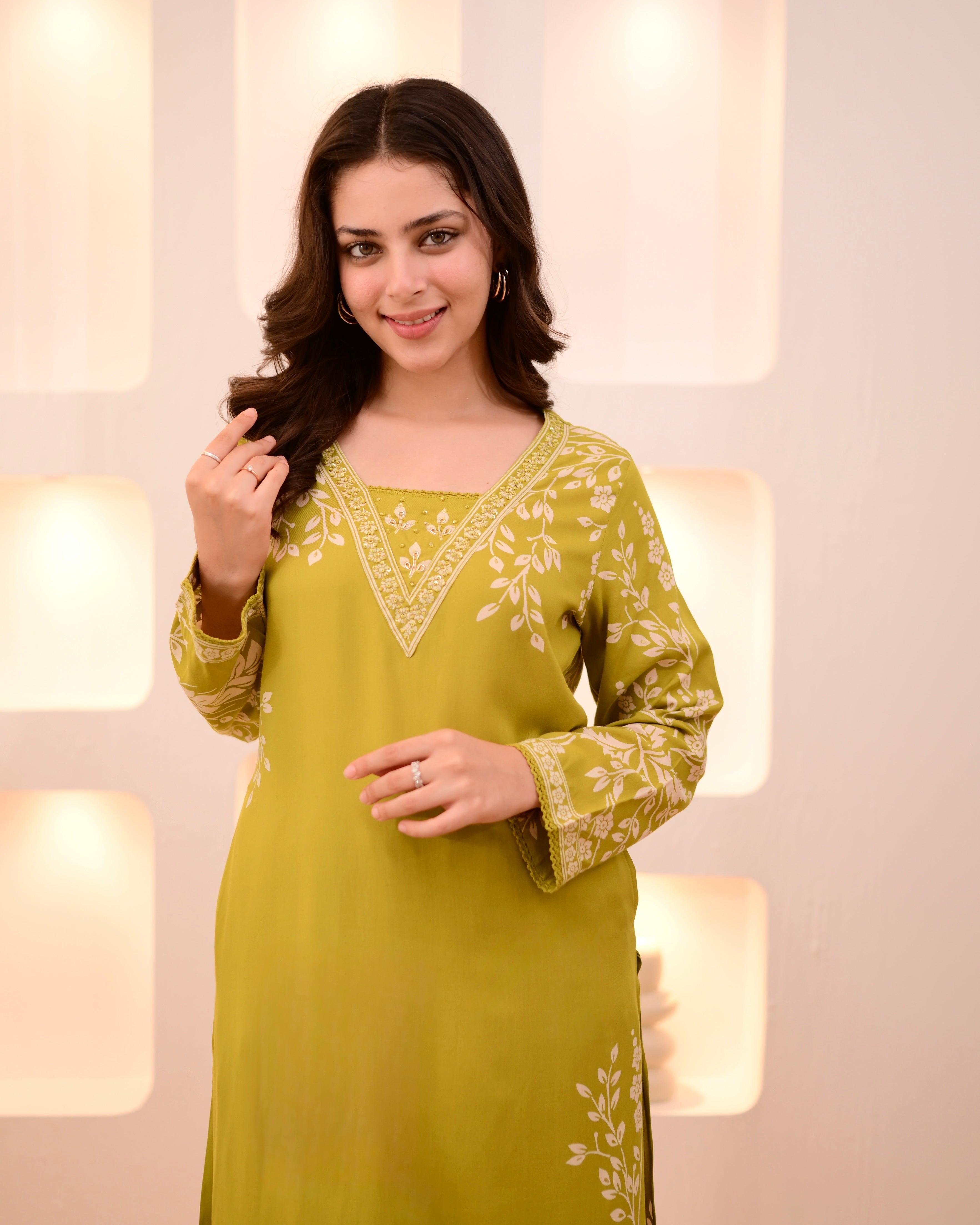Lime Green Petals Cotton A Line Kurta Palazzo Set