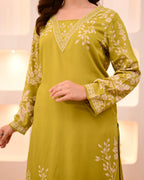 Lime Green Petals Cotton A Line Kurta Palazzo Set