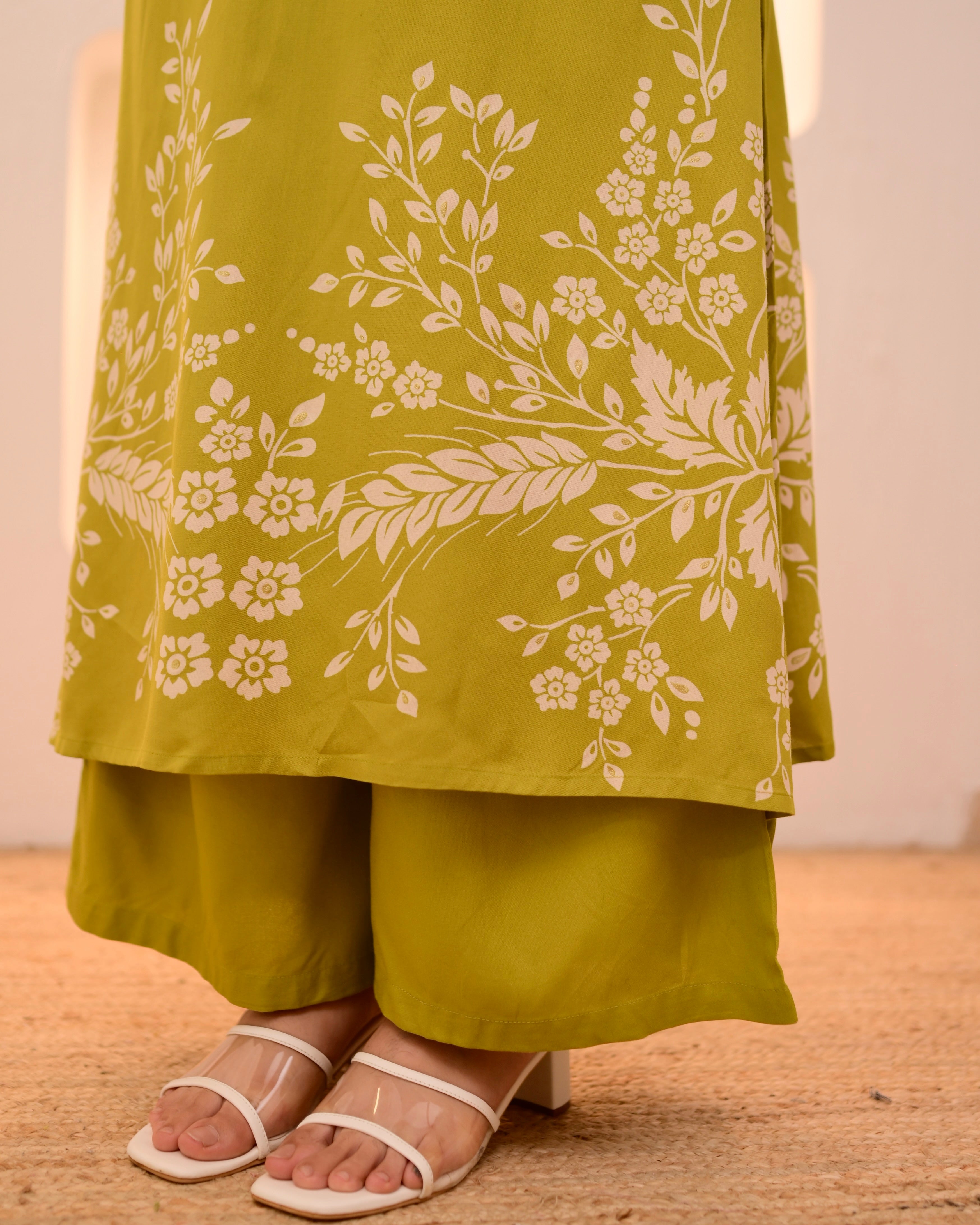 Lime Green Petals Cotton A Line Kurta Palazzo Set