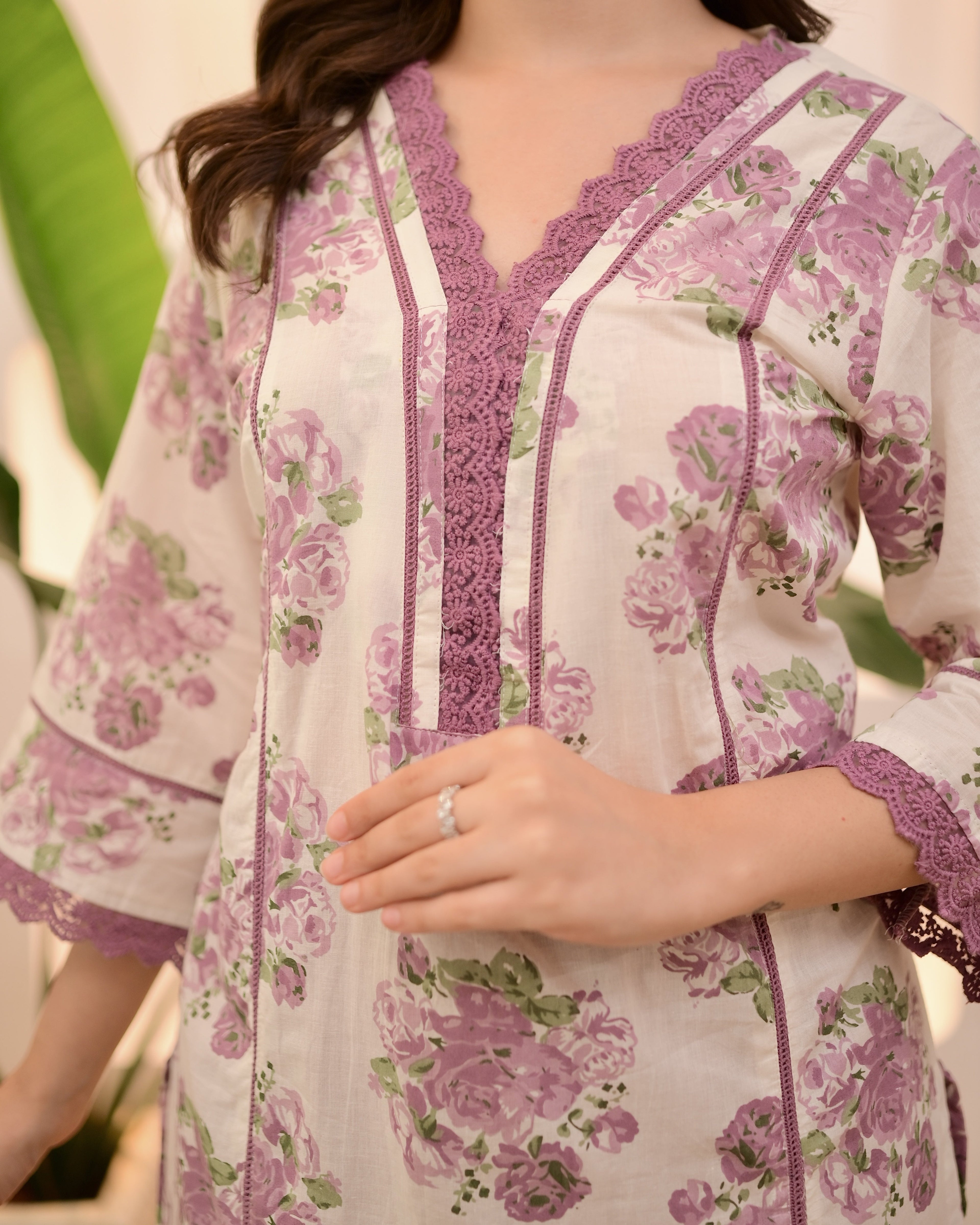 Ivory Orchid Floral Lace Pakistani Cotton Suit