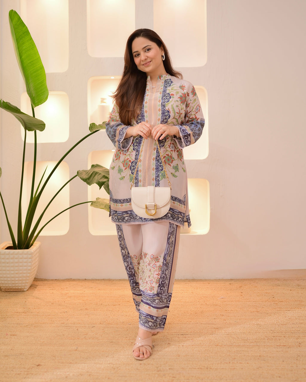 Ivory Blue Botanic Charm Crepe Co-ord Set