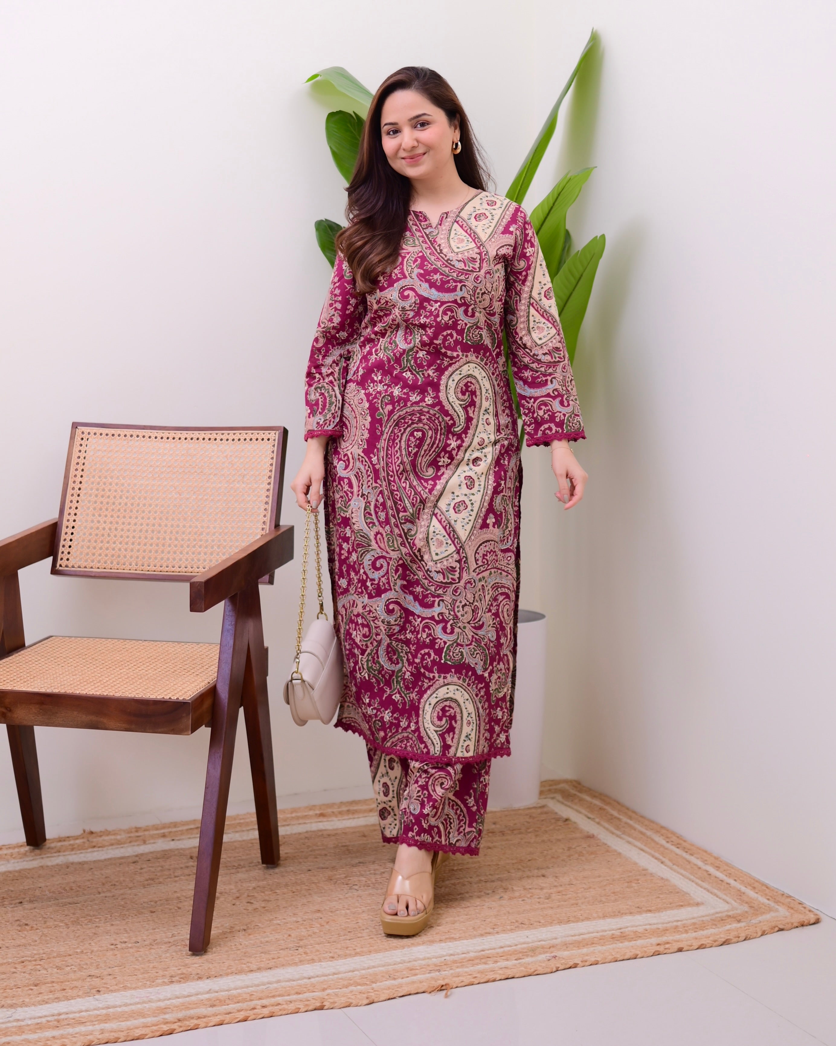 Maroon Paisley Cotton Kurta Set