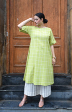 Lime Green A line Kurta in handwoven checks