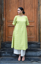 Lime Green A line Kurta in handwoven checks