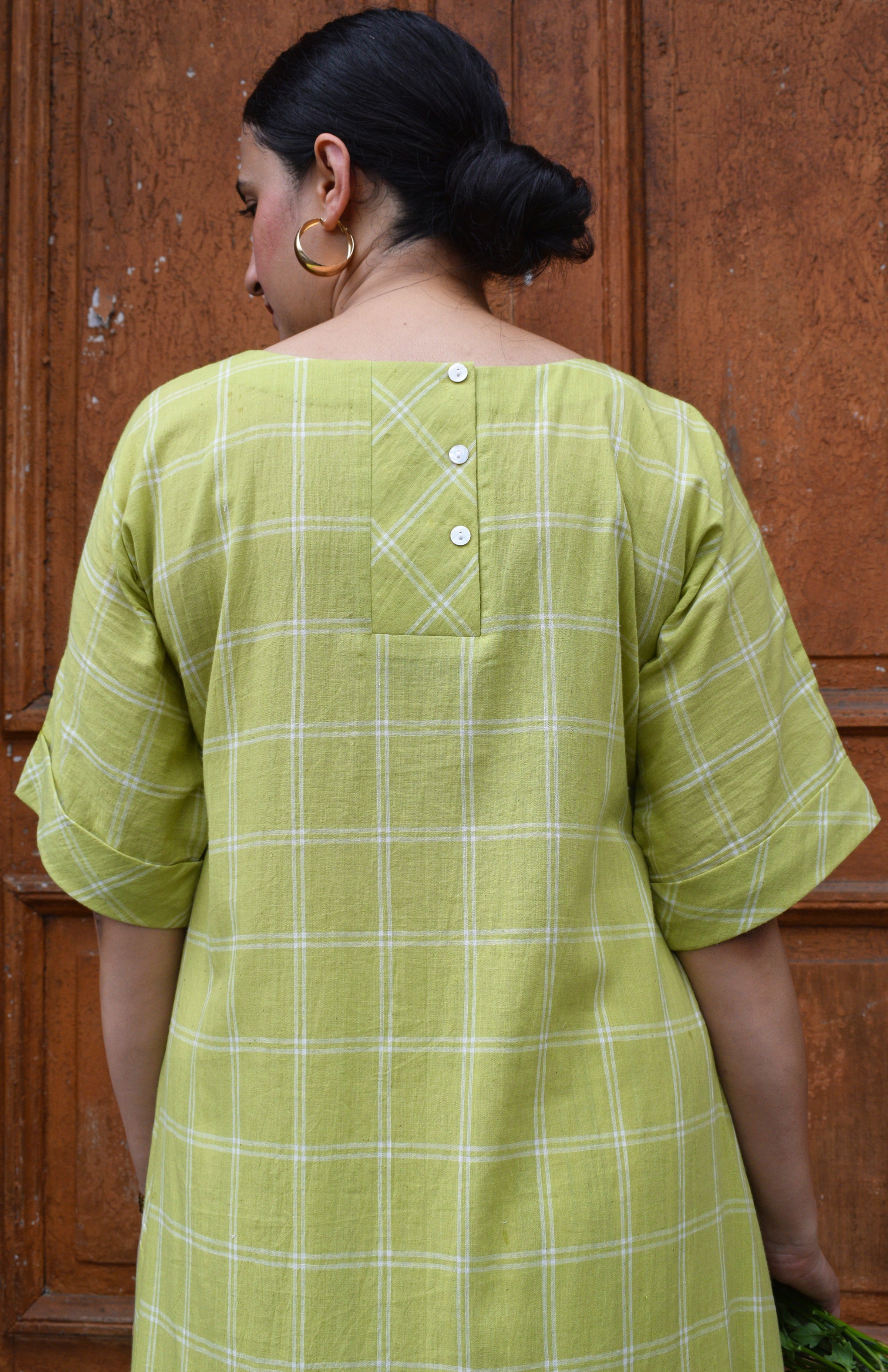 Lime Green A line Kurta in handwoven checks