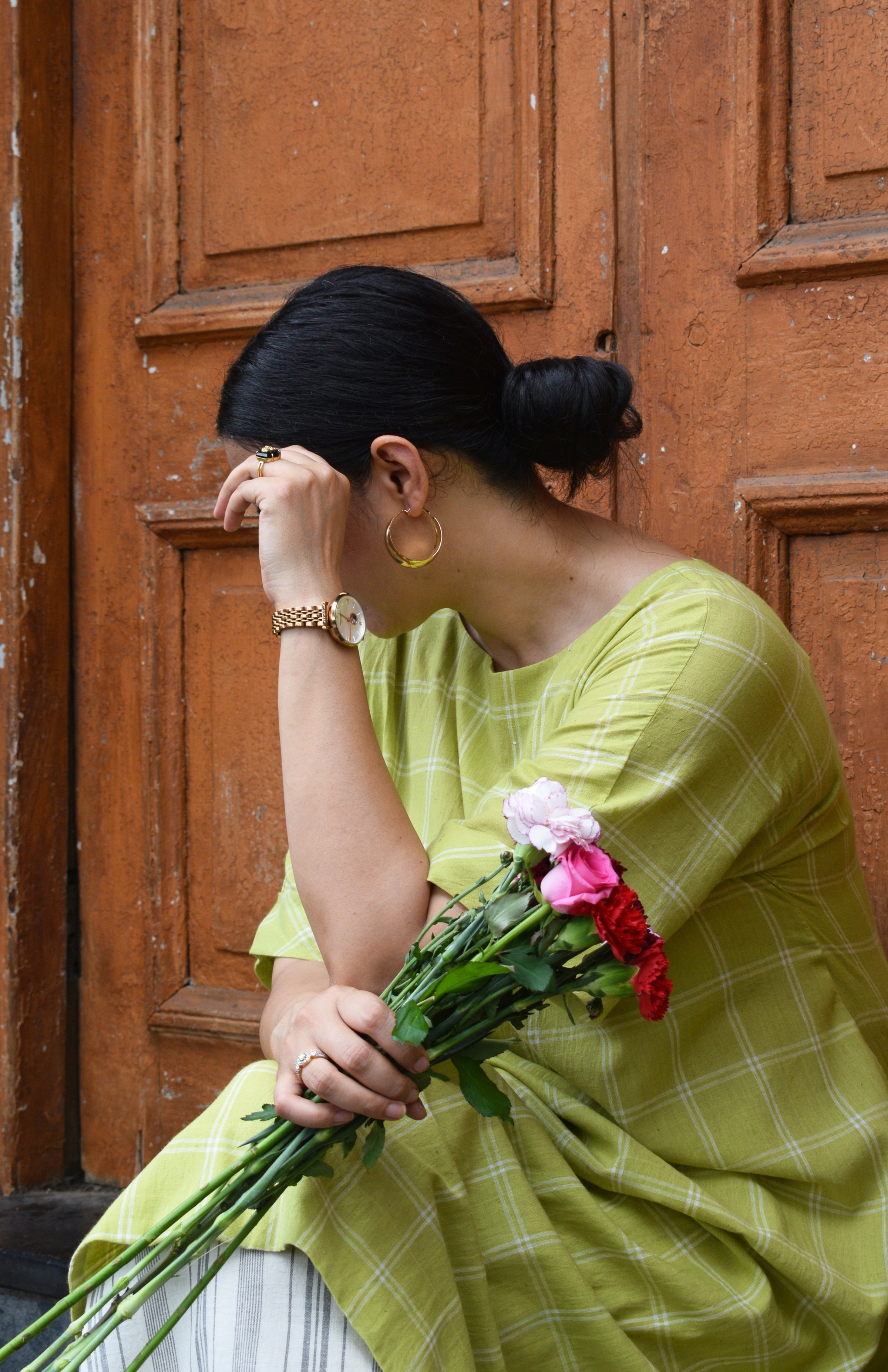 Lime Green A line Kurta in handwoven checks