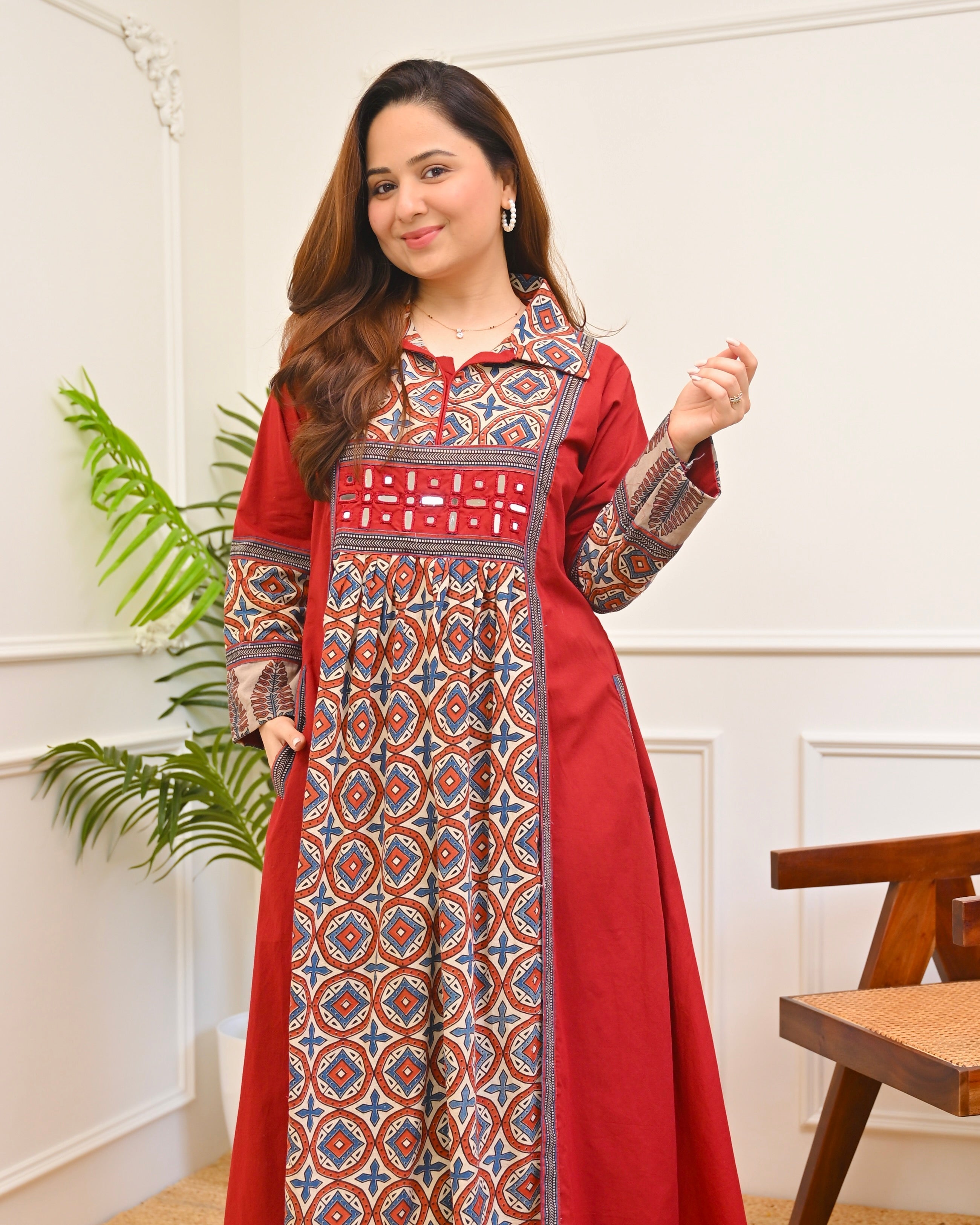 Ruhani Red Ajrakh Mirrorwork Cotton Kurta Dress