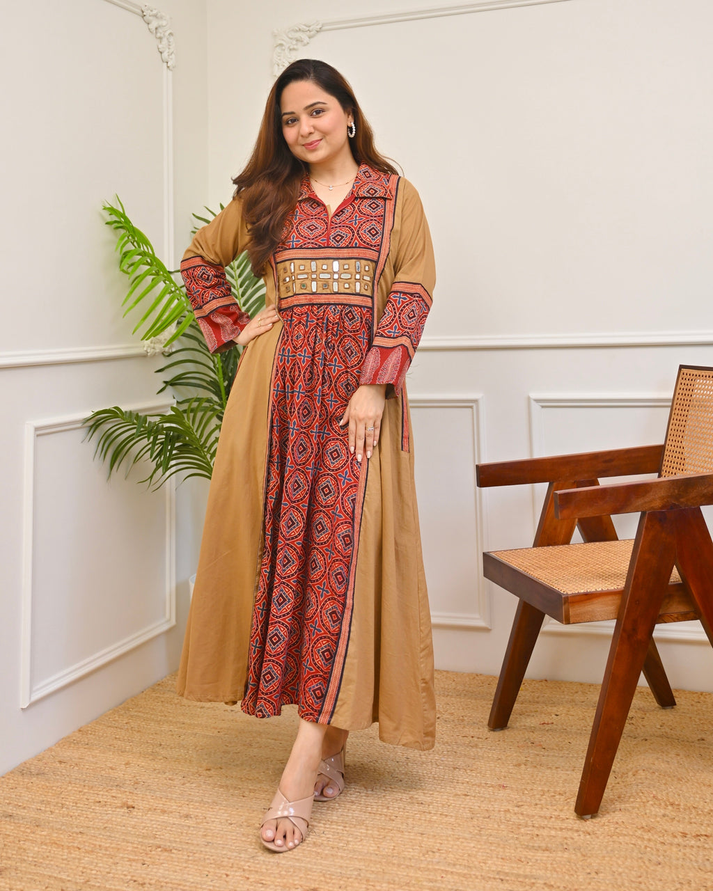 Earthy Mehroon Ajrakh Mirrorwork Cotton Kurta Dress