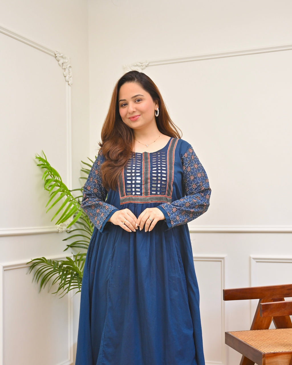 Blue Reverie Ajrakh Mirrorwork Cotton Kurta Dress