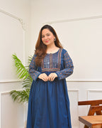 Blue Reverie Ajrakh Mirrorwork Cotton Kurta Dress