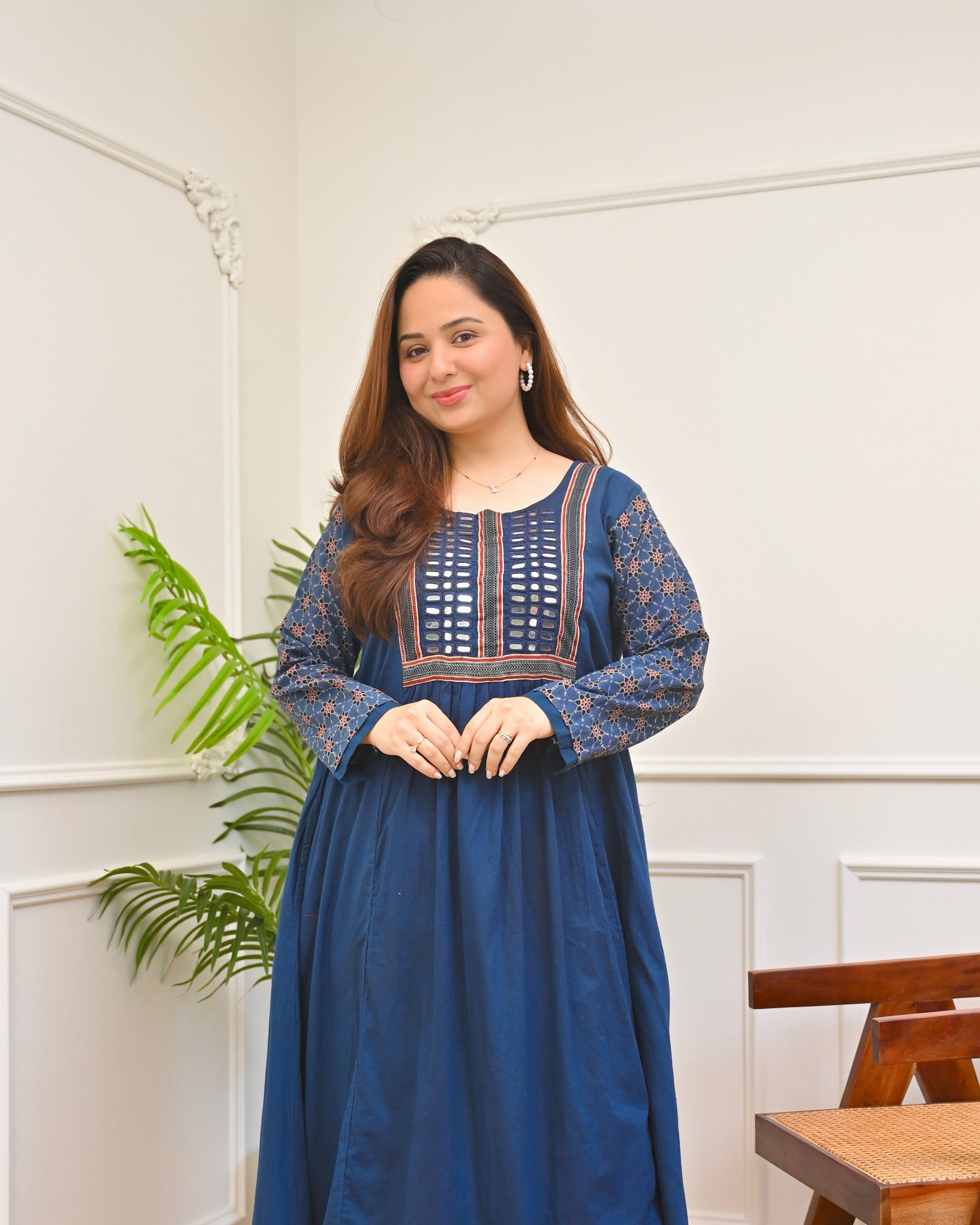 Blue Reverie Ajrakh Mirrorwork Cotton Kurta Dress