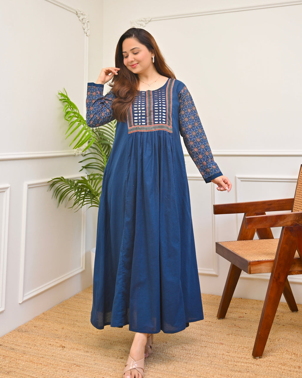 Blue Reverie Ajrakh Mirrorwork Cotton Kurta Dress