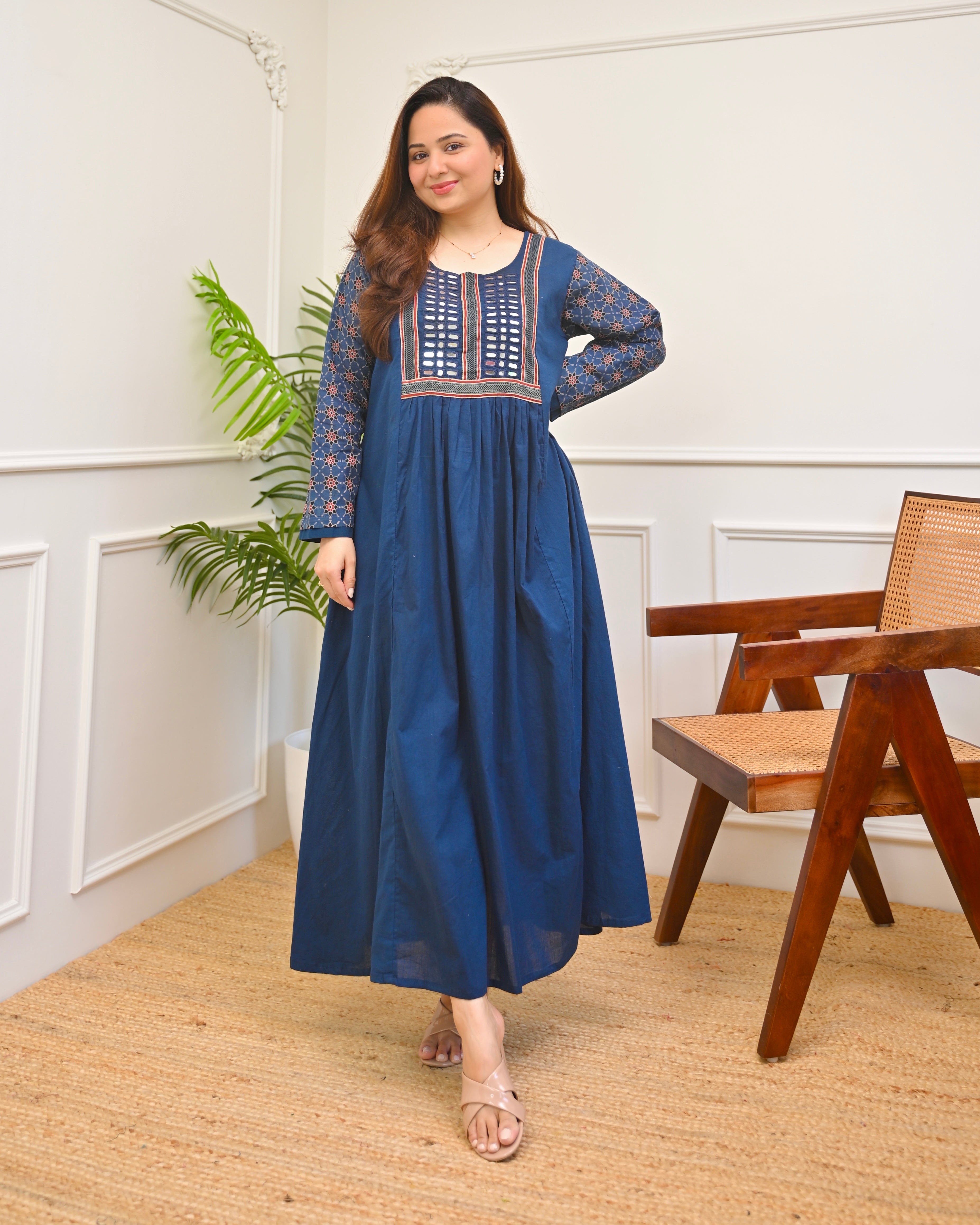 Blue Reverie Ajrakh Mirrorwork Cotton Kurta Dress
