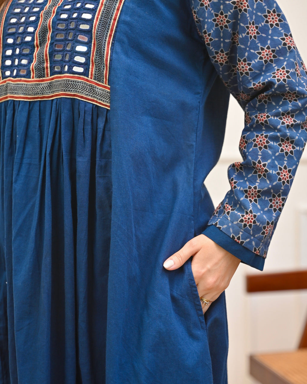 Blue Reverie Ajrakh Mirrorwork Cotton Kurta Dress