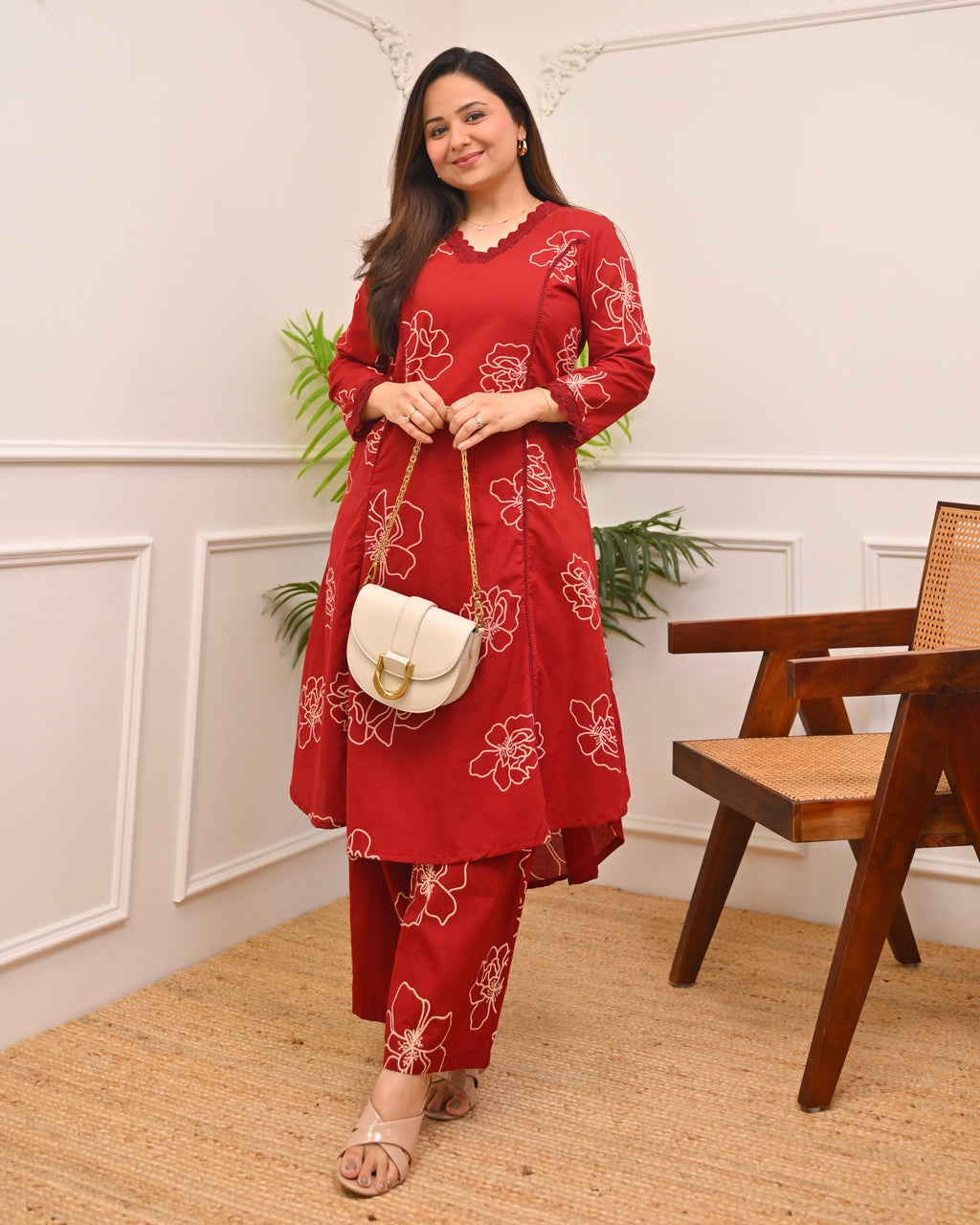 Crimson Floral A Line Cotton Kurta Set