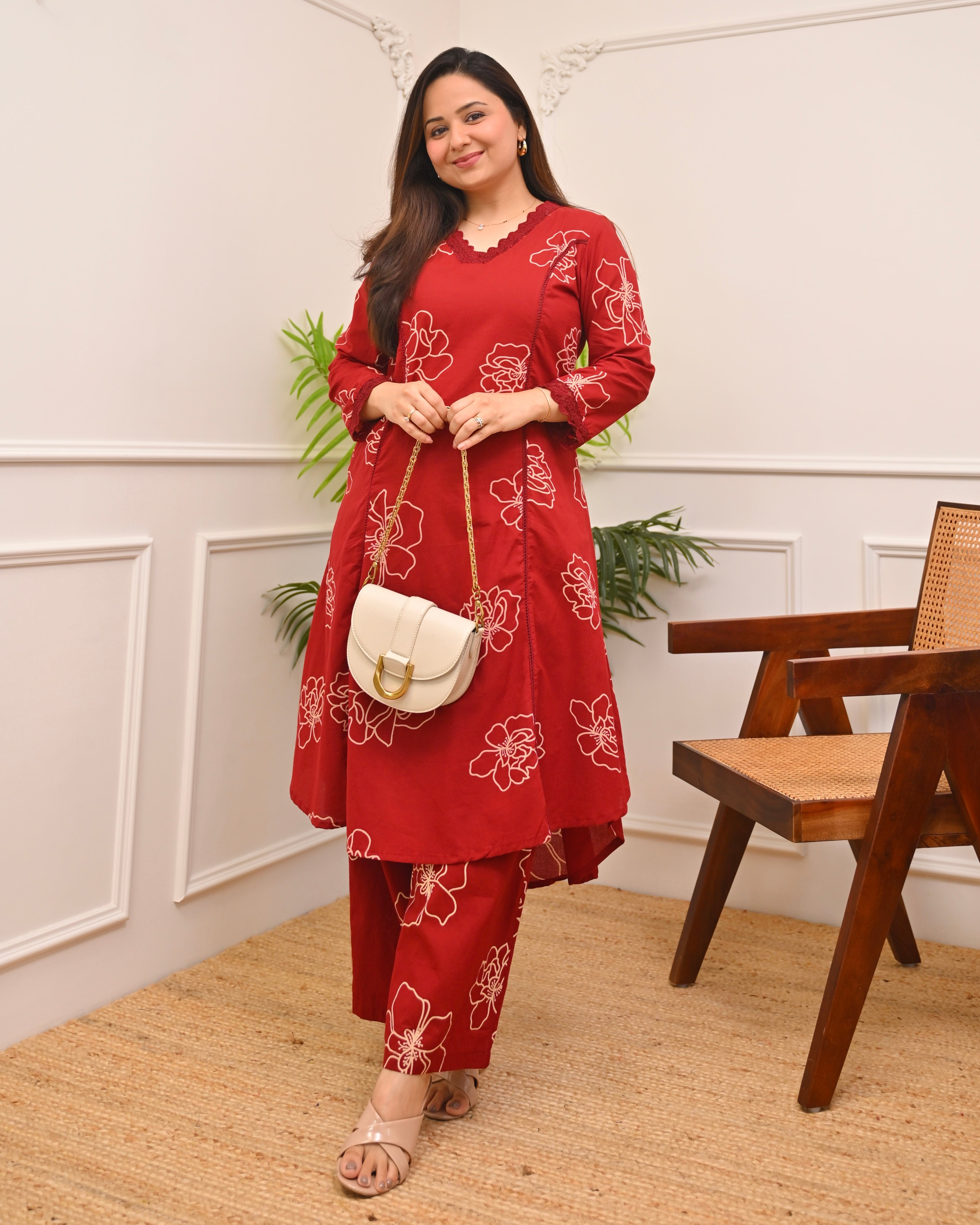 Crimson Floral A Line Cotton Kurta Set