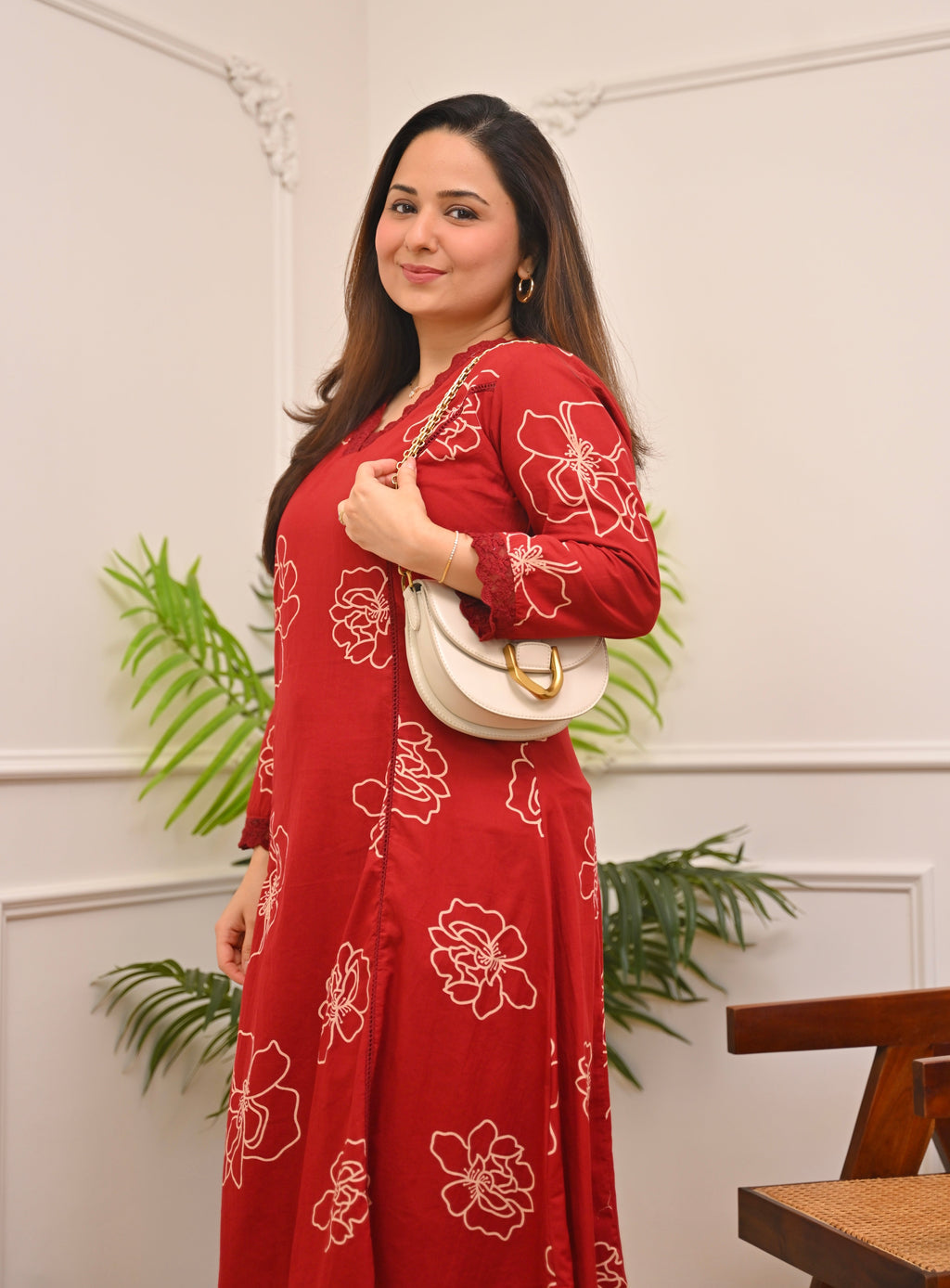 Crimson Floral A Line Cotton Kurta Set