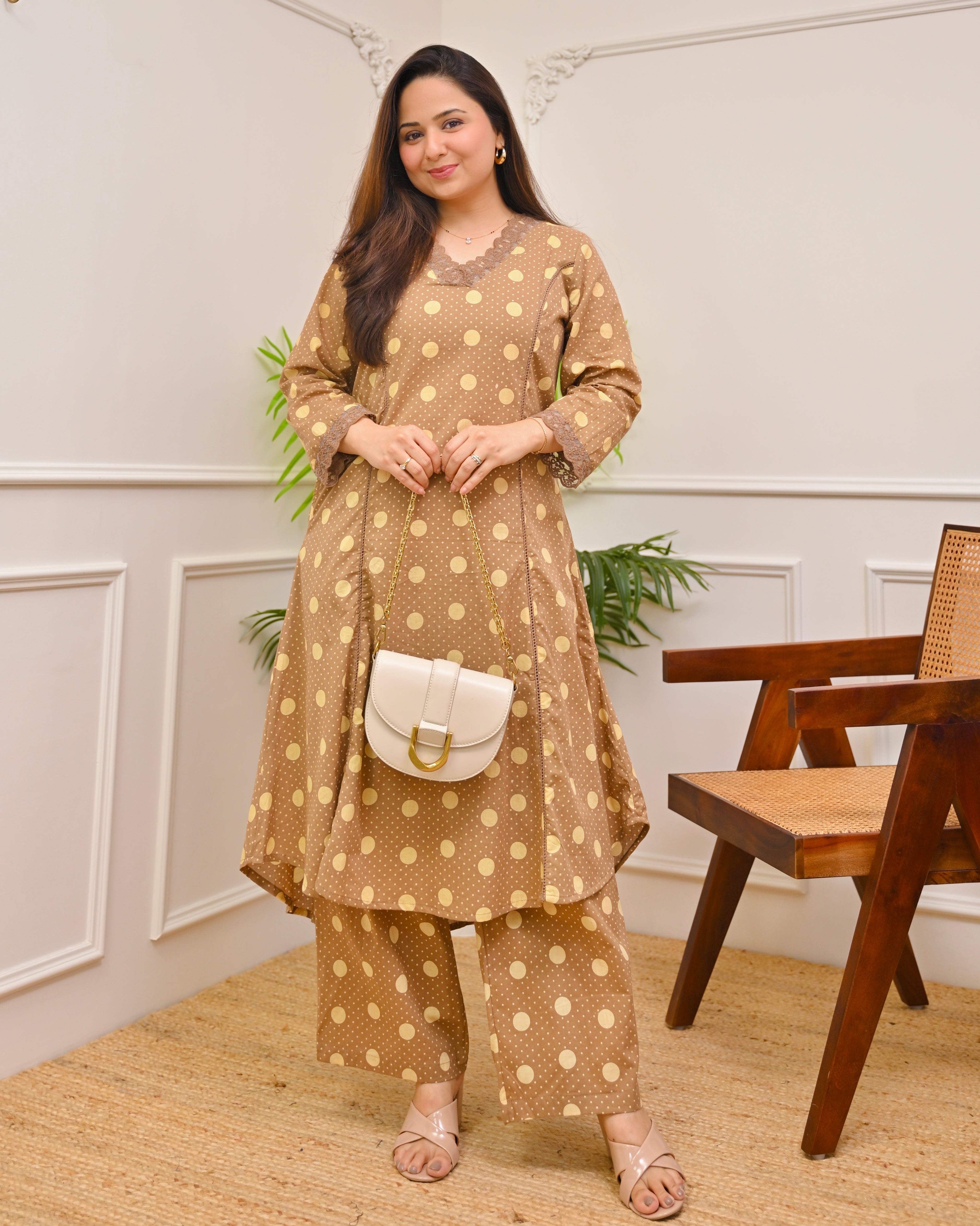 Brown Polka Dots A Line Cotton Kurta Set