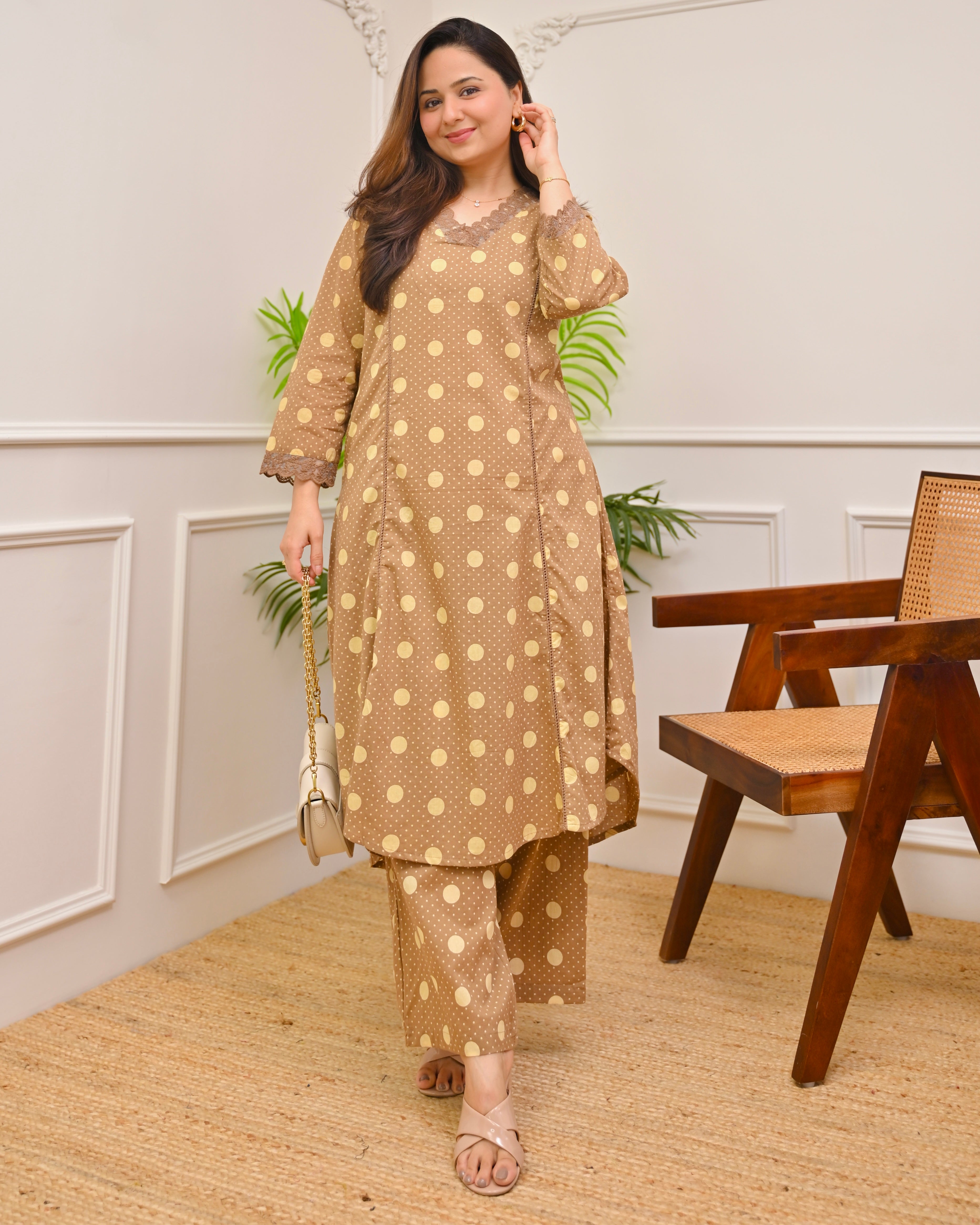 Brown Polka Dots A Line Cotton Kurta Set