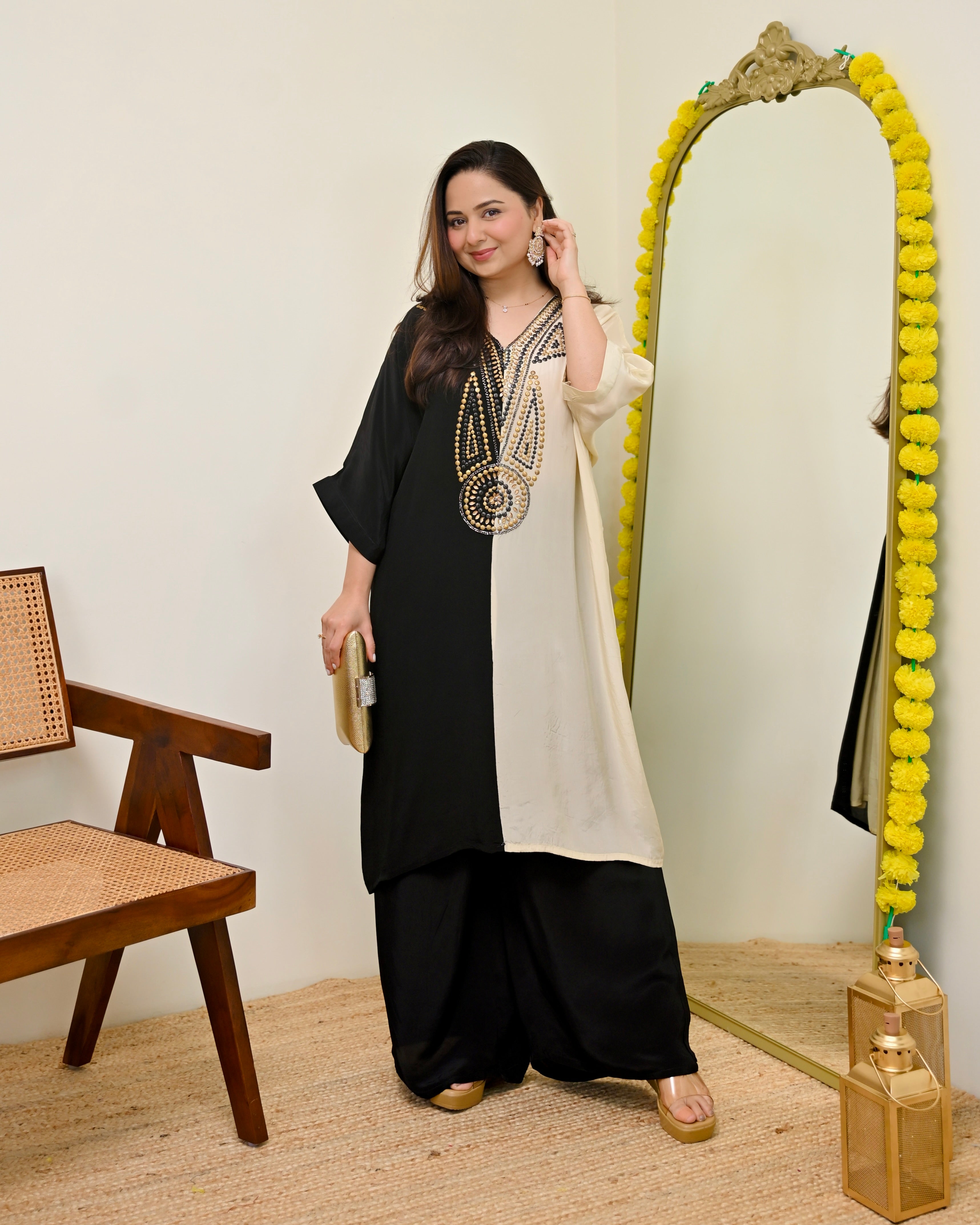 Black Ivory Natural Crepe Handwork Co-ord