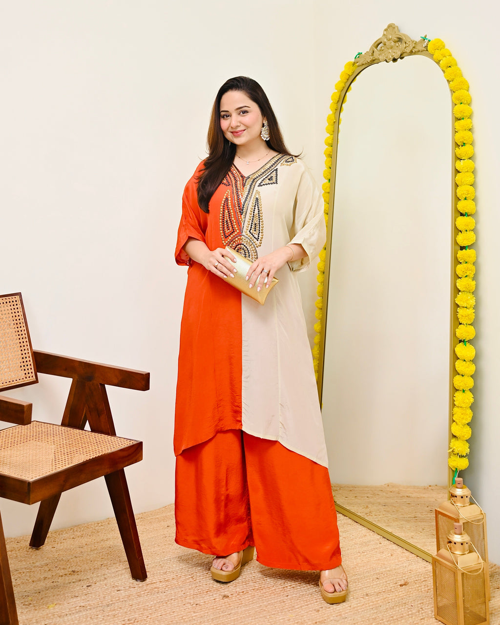 Coral Ivory Natural Crepe Handwork Co-ord