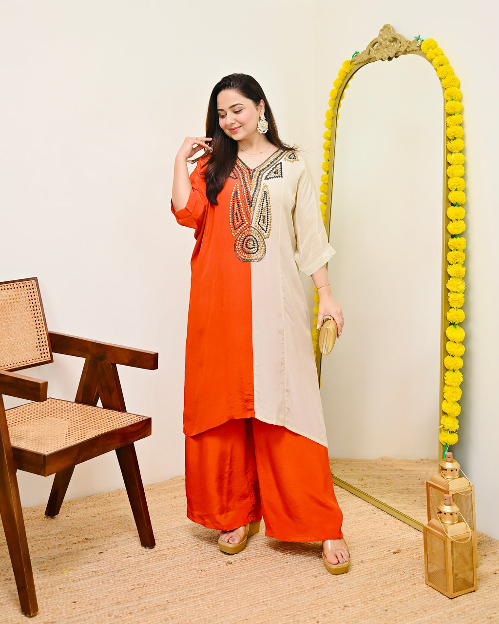 Coral Ivory Natural Crepe Handwork Co-ord
