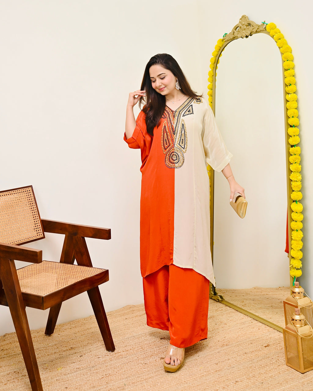 Coral Ivory Natural Crepe Handwork Co-ord