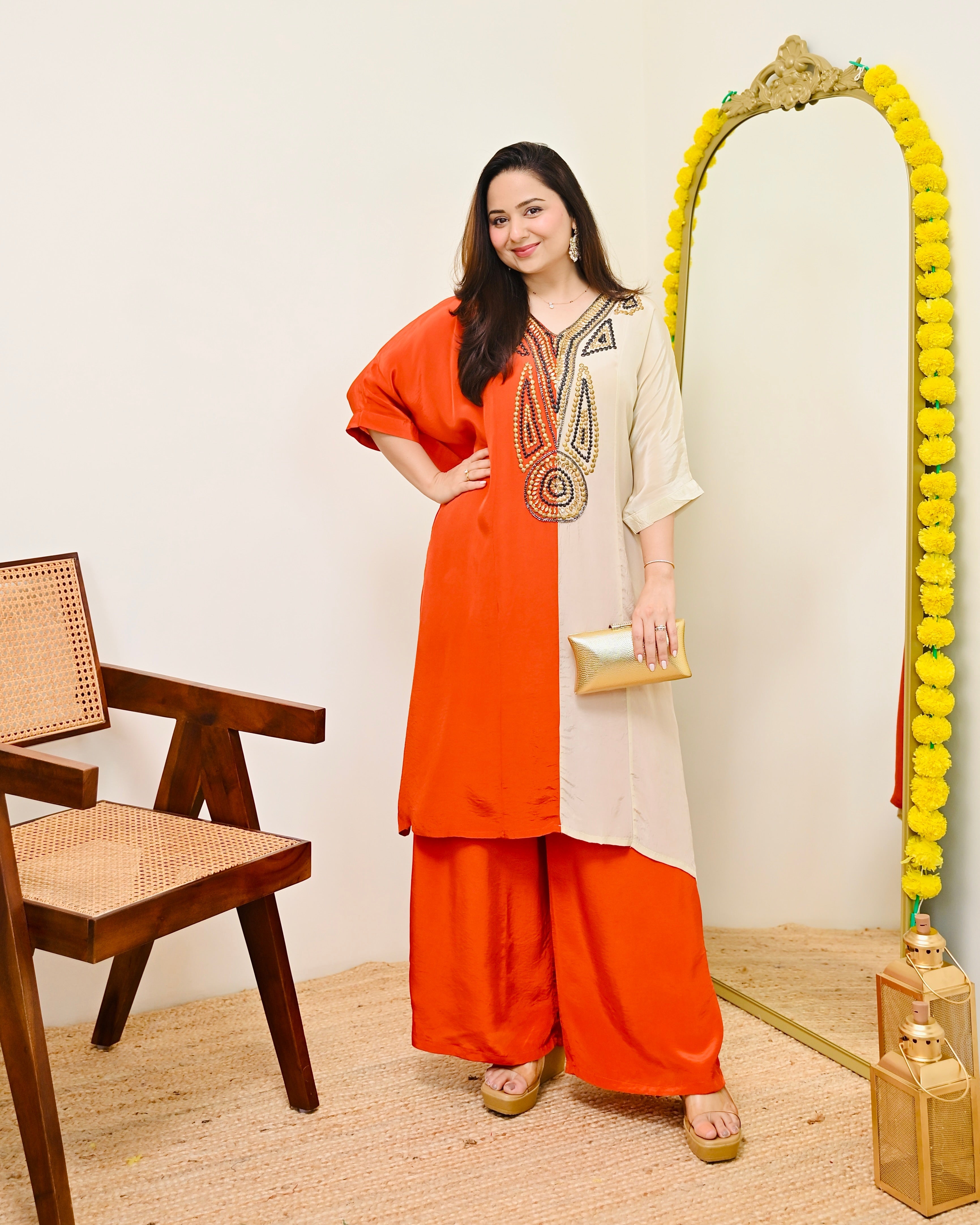 Coral Ivory Natural Crepe Handwork Co-ord