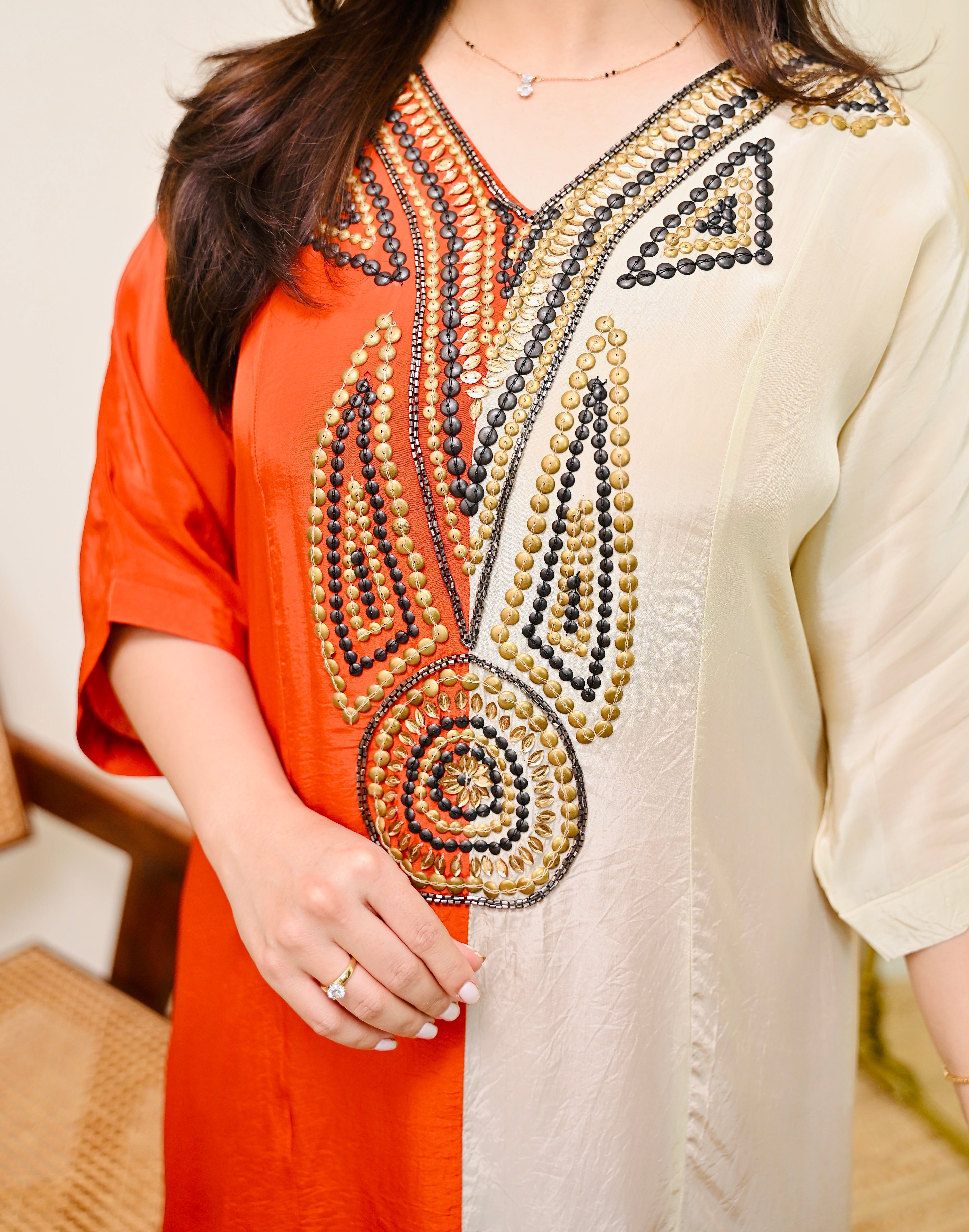 Coral Ivory Natural Crepe Handwork Co-ord