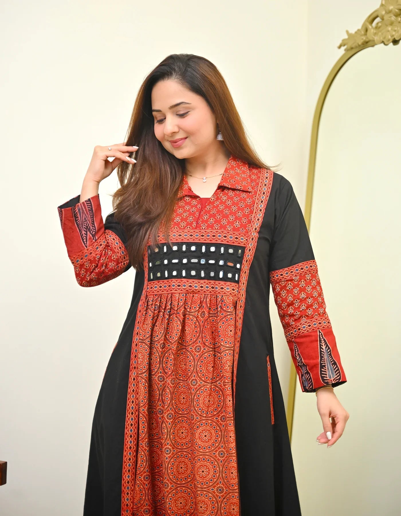 Black Rustic Charm Ajrak Mirrorwork Cotton Kurta Dress