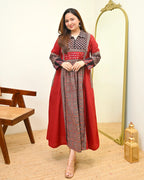 Crimson Noir Grace Ajrak Mirrorwork Cotton Kurta Dress