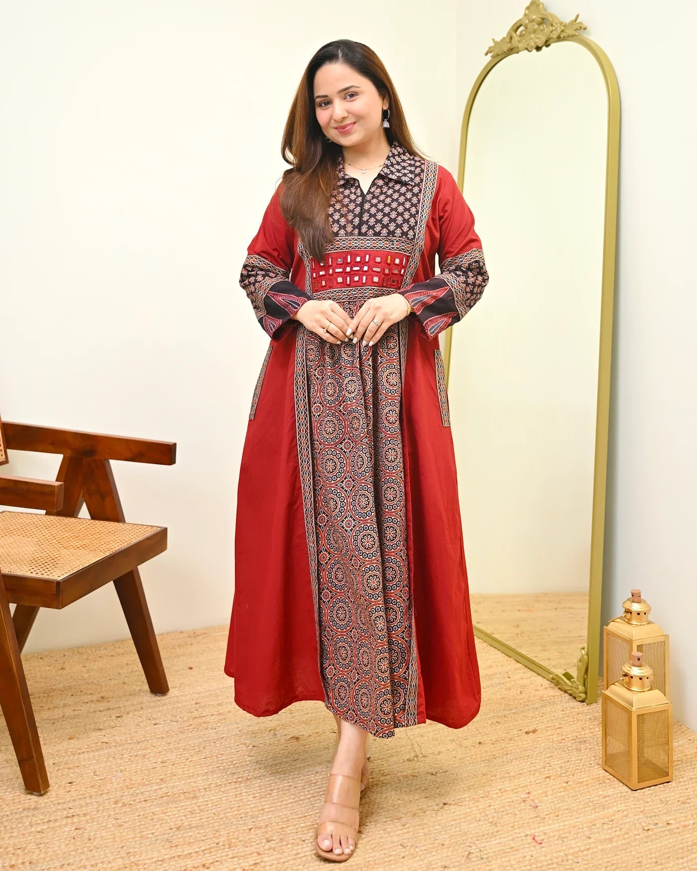 Crimson Noir Grace Ajrak Mirrorwork Cotton Kurta Dress
