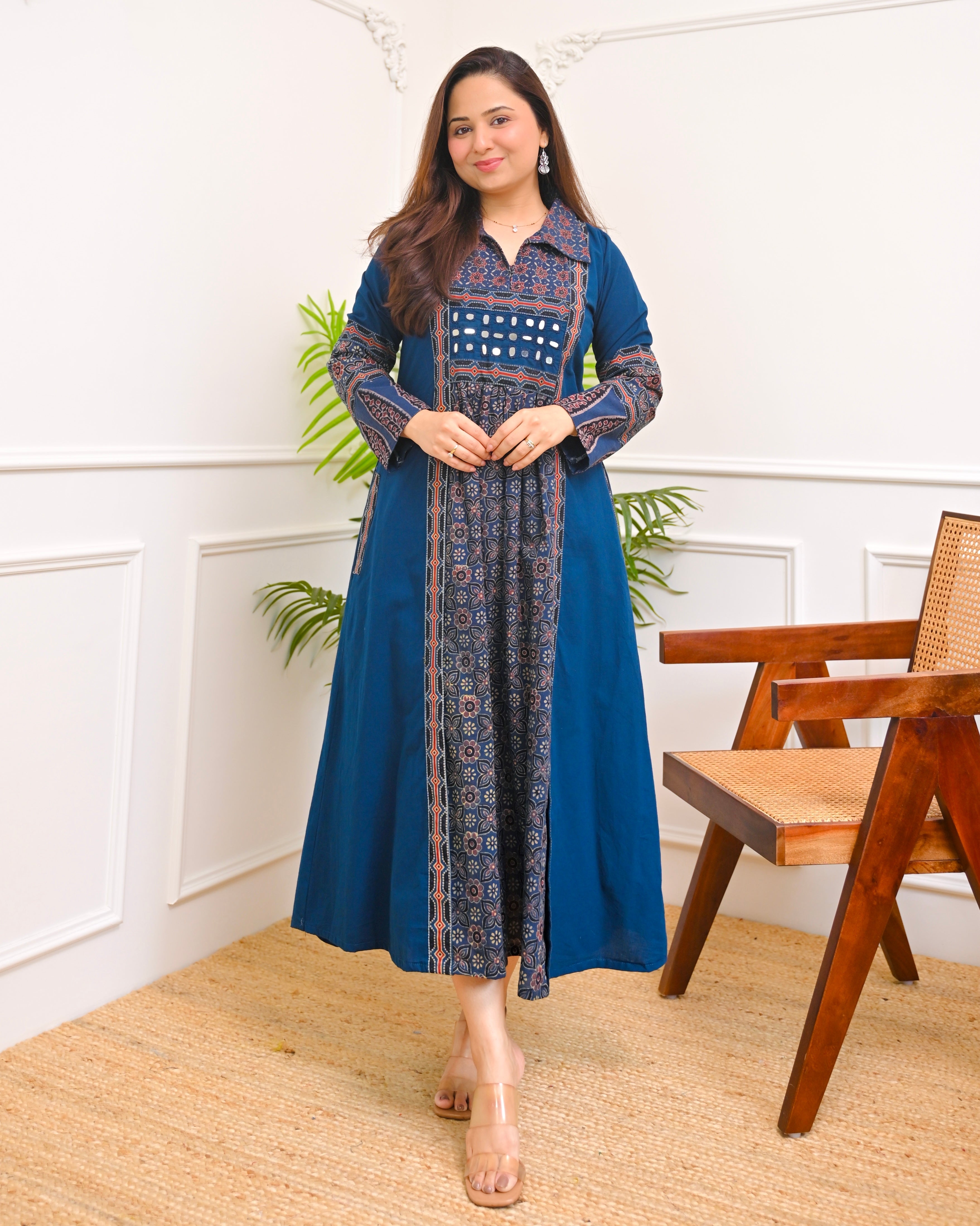 Sapphire Raas Ajrakh Mirrorwork Cotton Kurta Dress