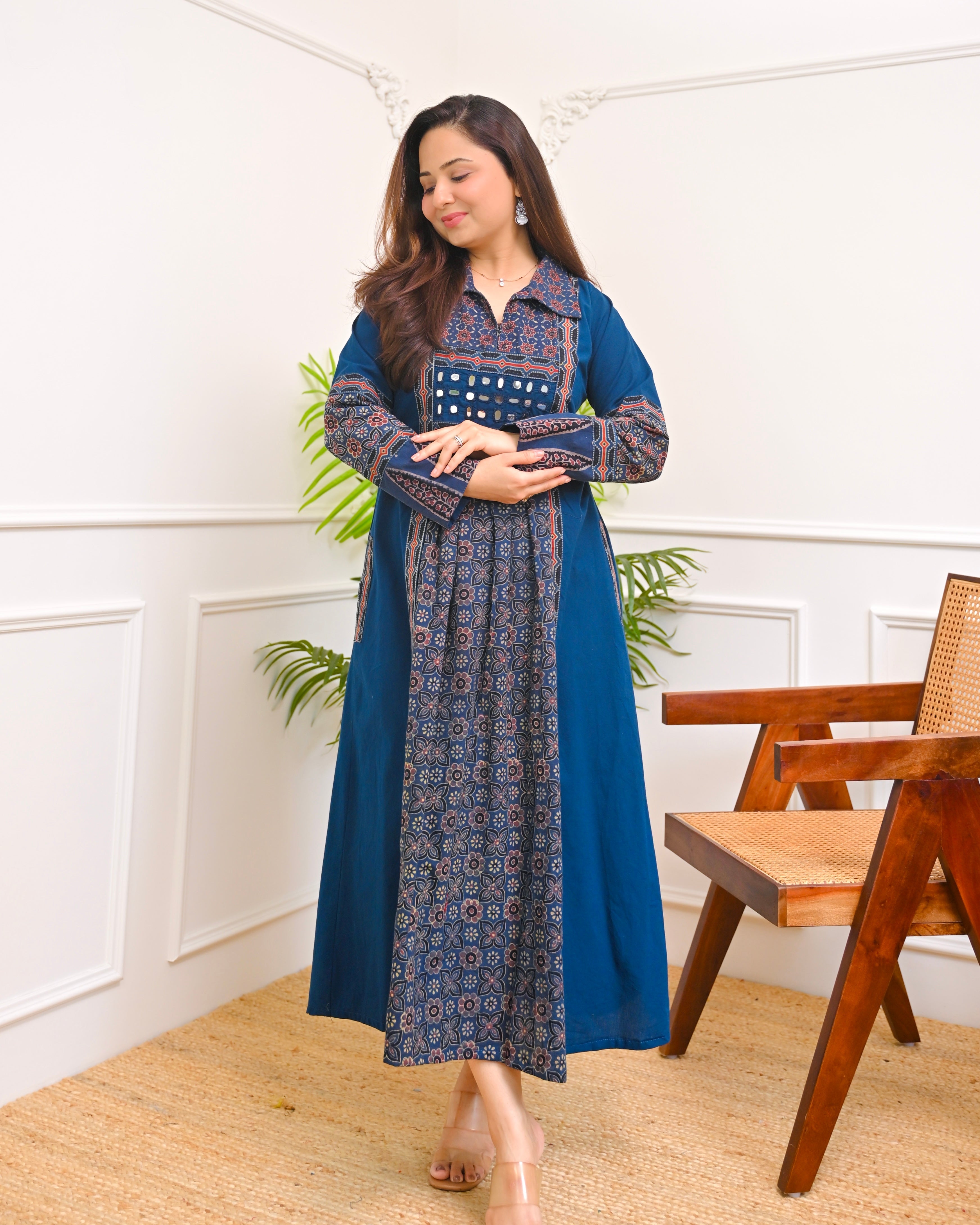 Sapphire Raas Ajrakh Mirrorwork Cotton Kurta Dress