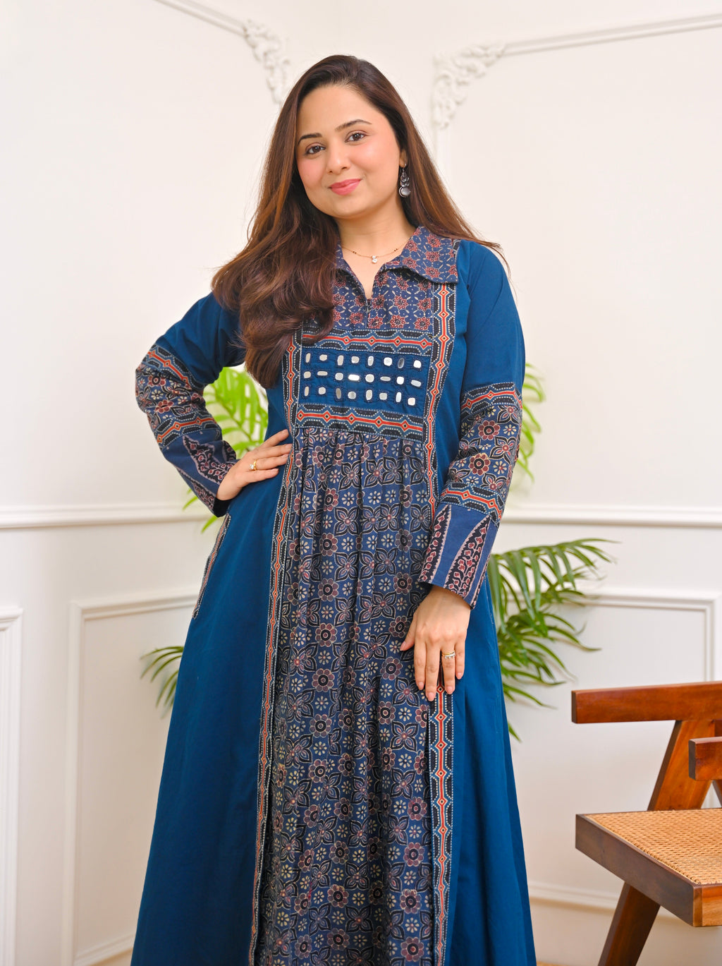 Sapphire Raas Ajrakh Mirrorwork Cotton Kurta Dress