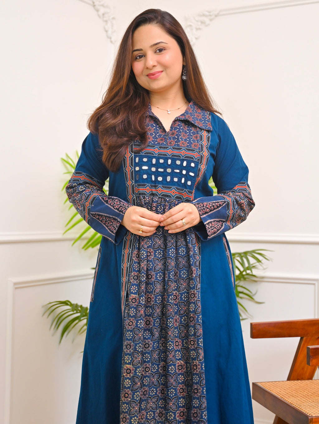 Sapphire Raas Ajrakh Mirrorwork Cotton Kurta Dress
