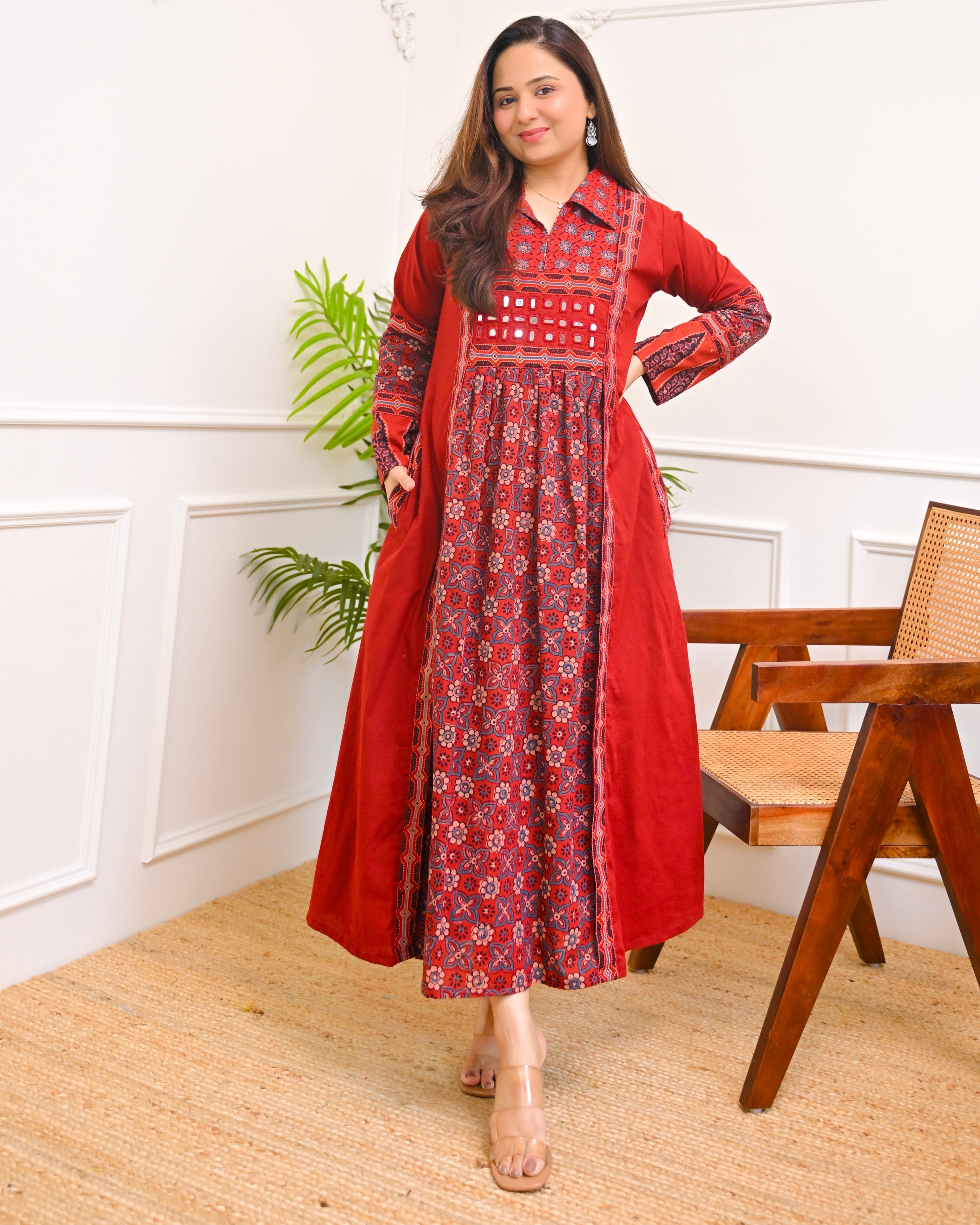 Mehroon Ajrakh Mirrorwork Cotton Kurta Dress