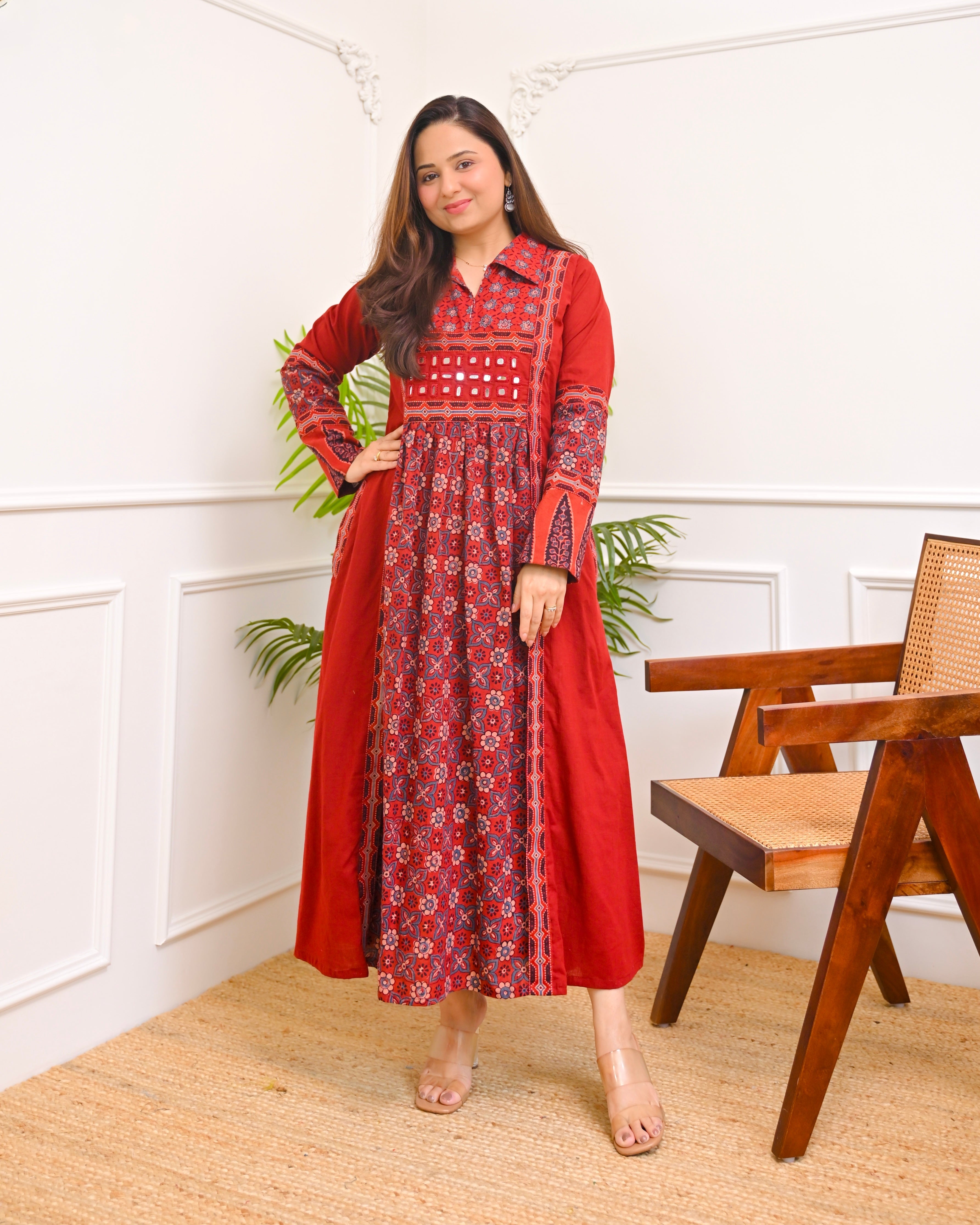 Ruby Saaj Ajrakh Mirrorwork Cotton Kurta Dress