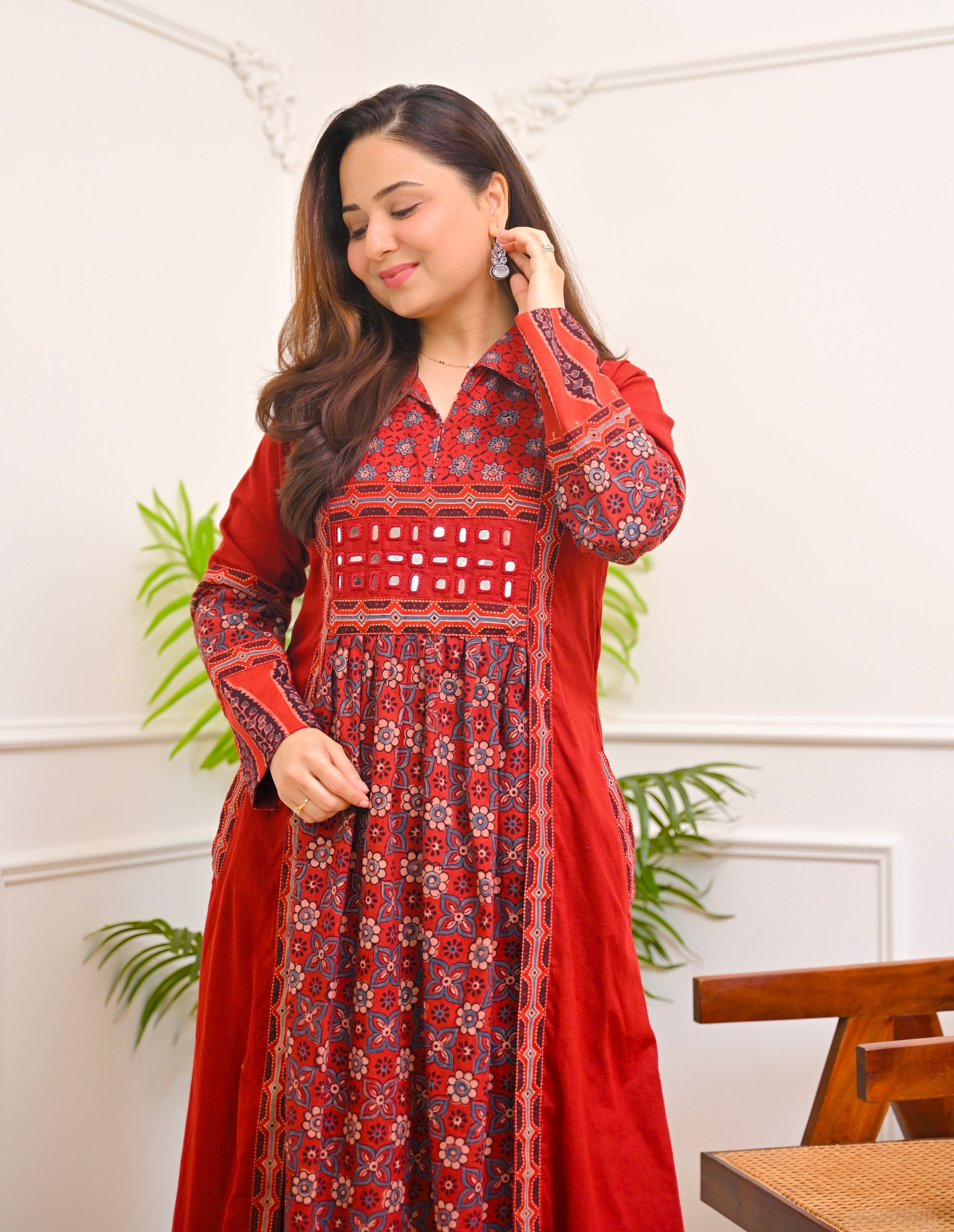 Mehroon Ajrakh Mirrorwork Cotton Kurta Dress