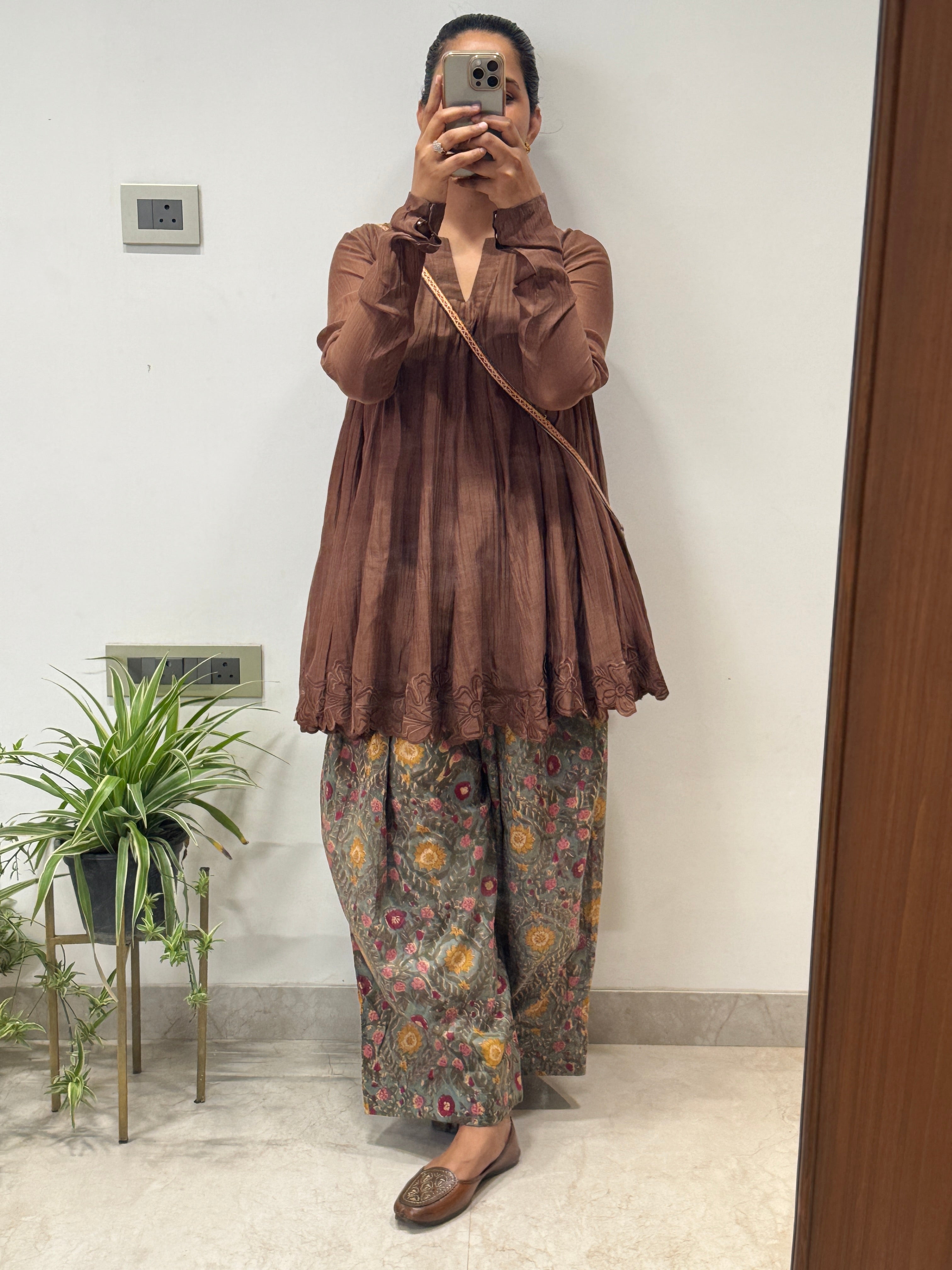 Brown/green Mul chanderi embroidered Anarkali with Cotton Farshi Salwar