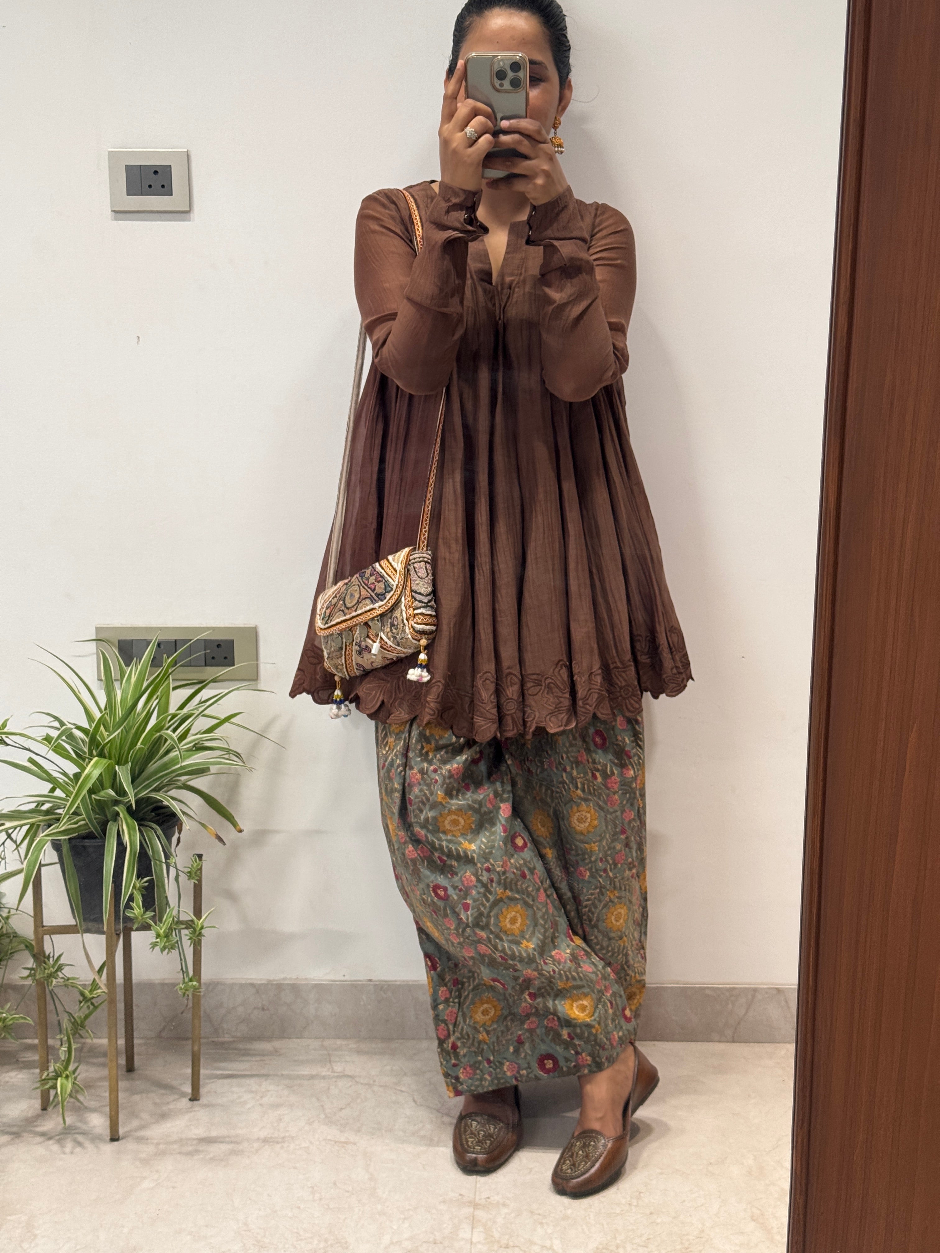 Brown Anarkali with Cotton Farshi Salwar