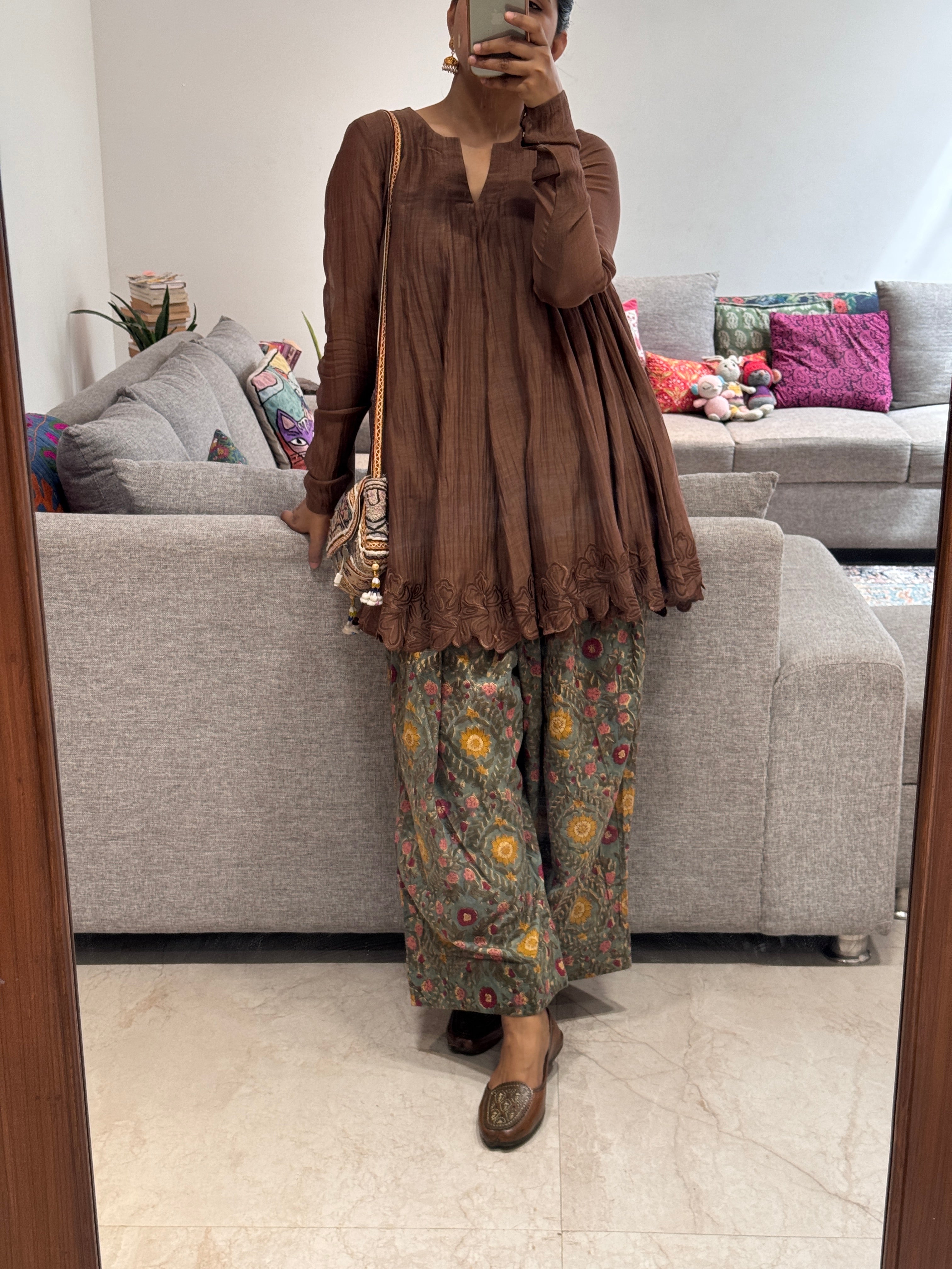 Brown/green Mul chanderi embroidered Anarkali with Cotton Farshi Salwar
