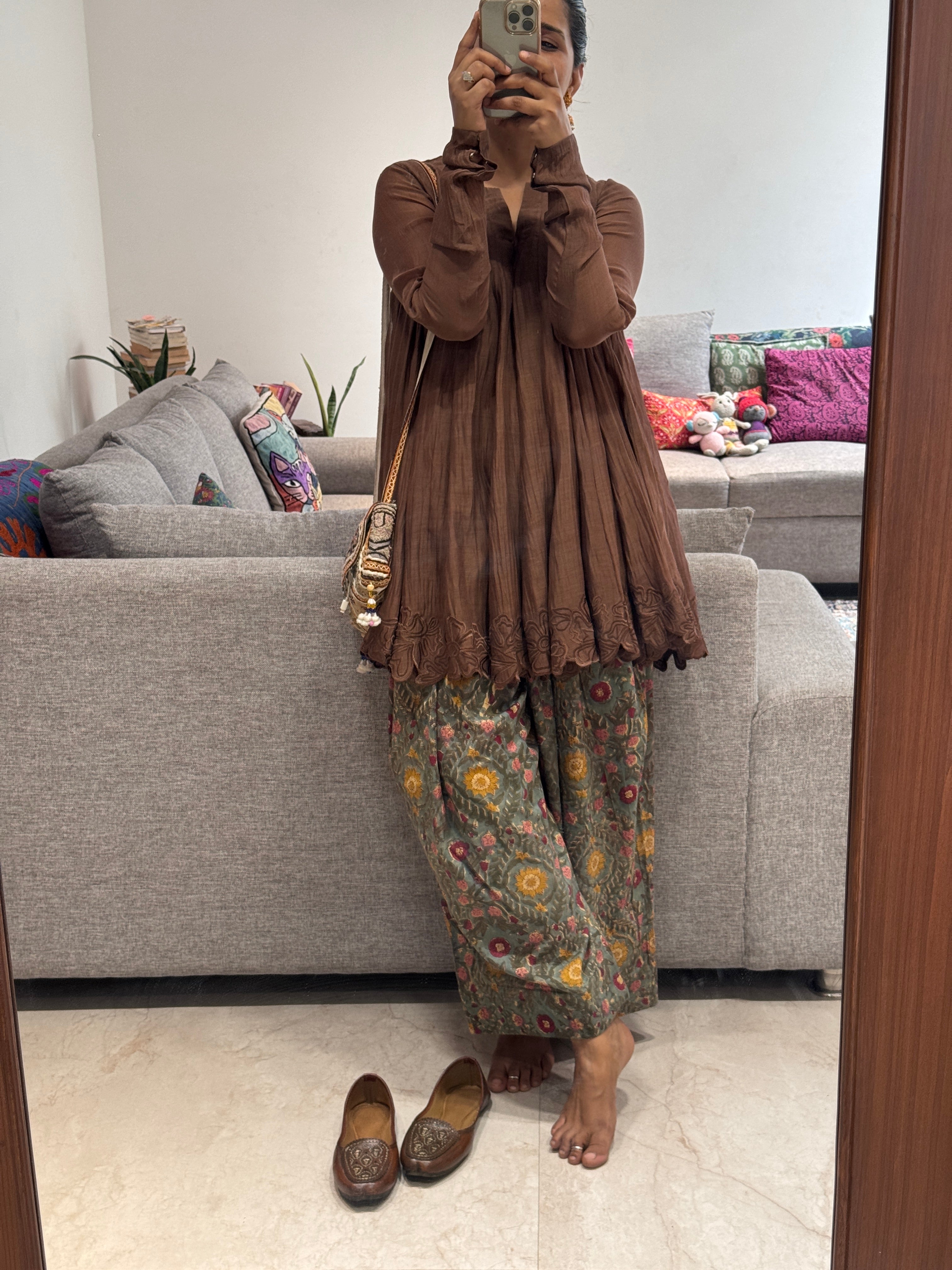 Brown/green Mul chanderi embroidered Anarkali with Cotton Farshi Salwar