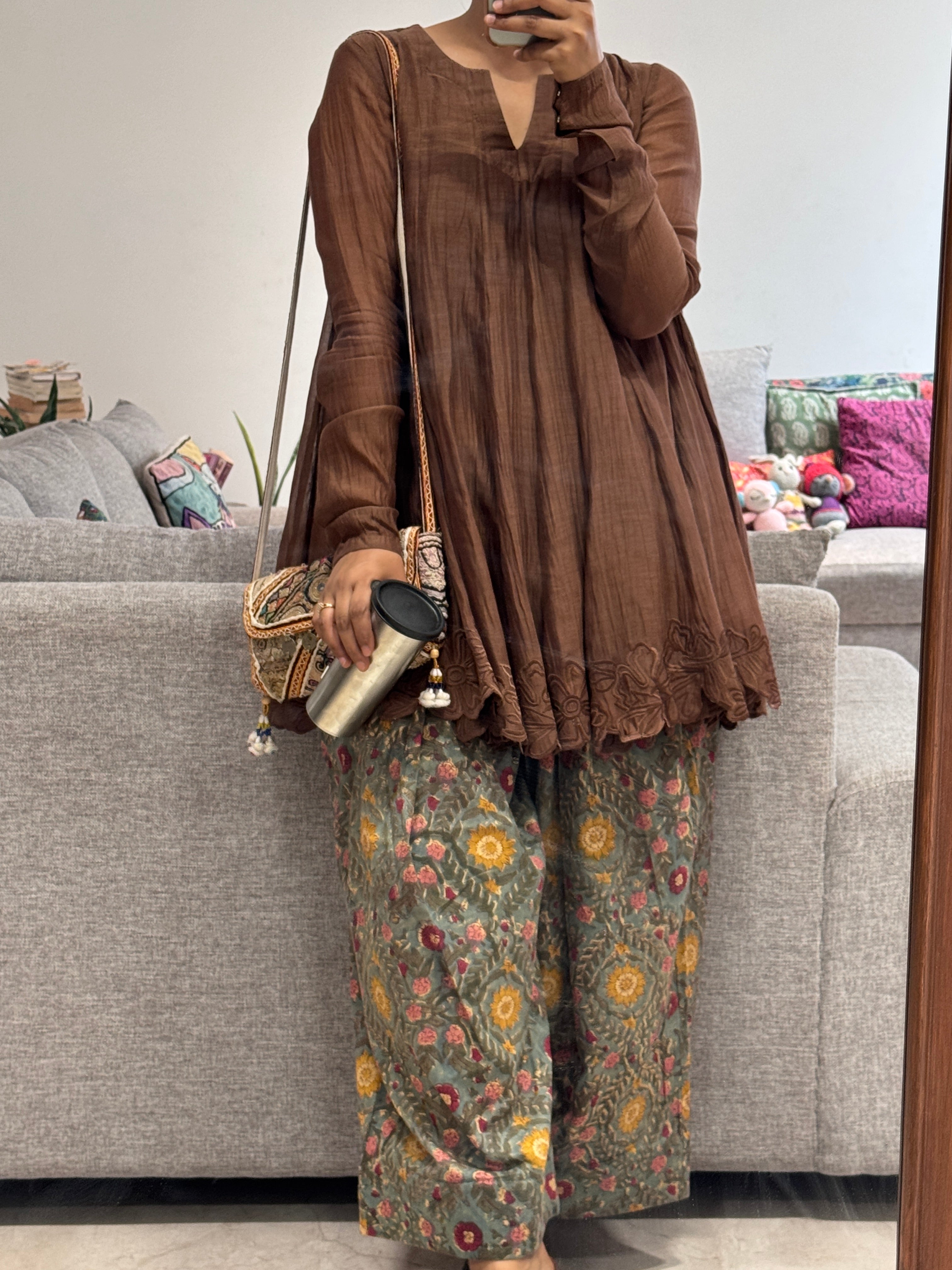 Brown/green Mul chanderi embroidered Anarkali with Cotton Farshi Salwar