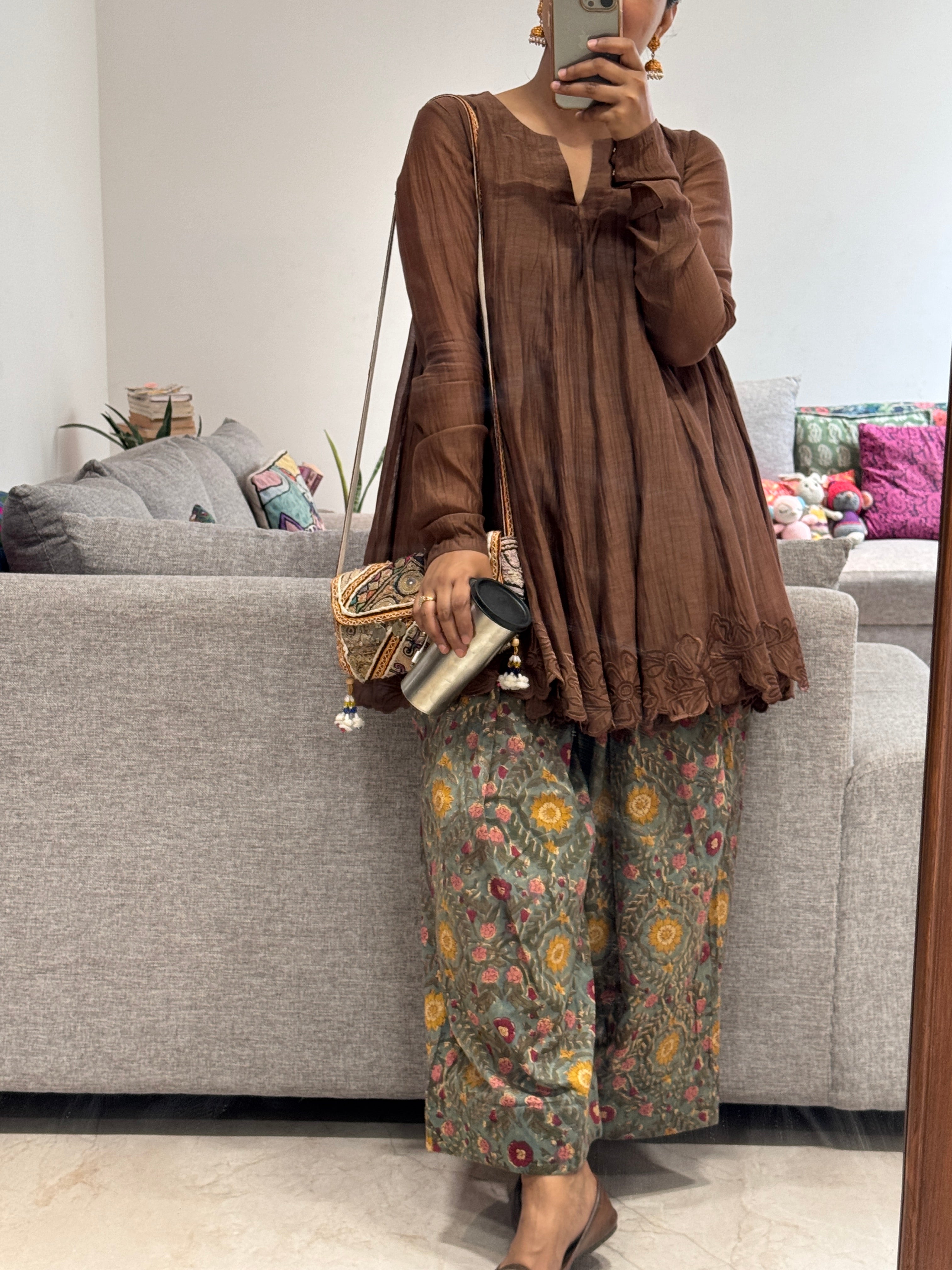 Brown/green Mul chanderi embroidered Anarkali with Cotton Farshi Salwar