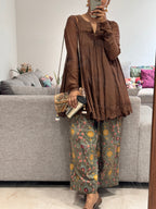 Brown/green Mul chanderi embroidered Anarkali with Cotton Farshi Salwar
