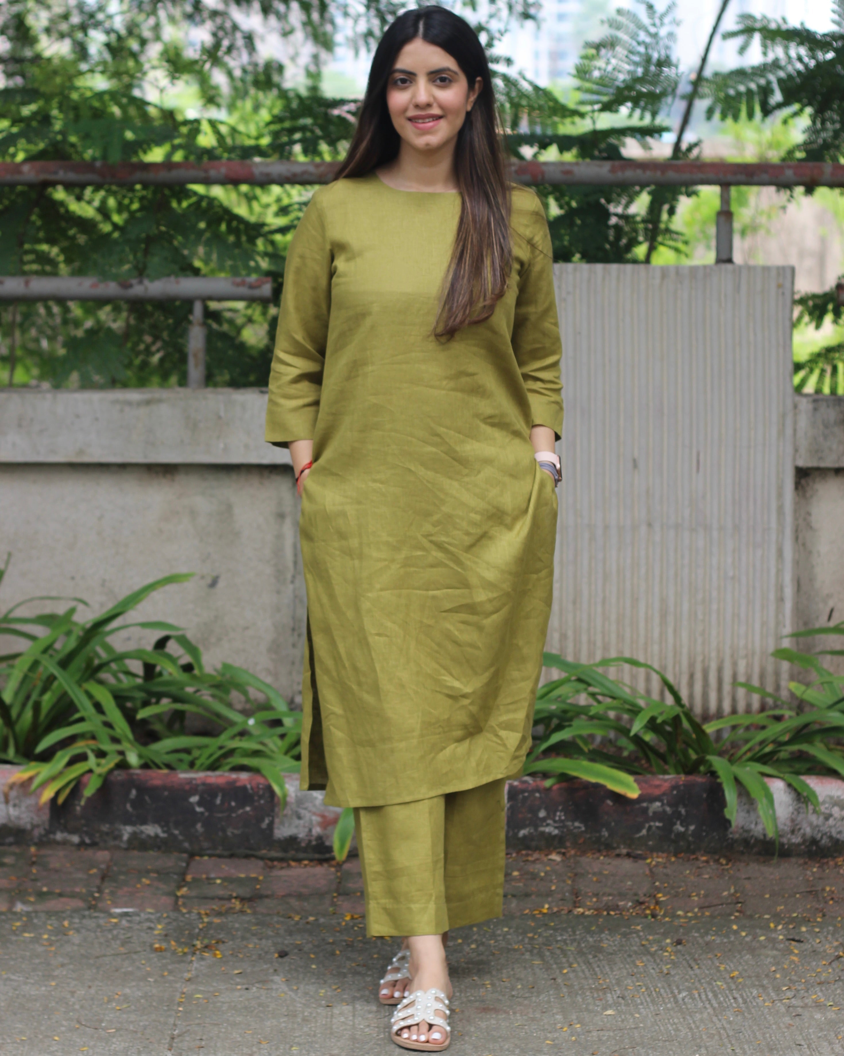 Mustard Green Premium Linen Kurta Set